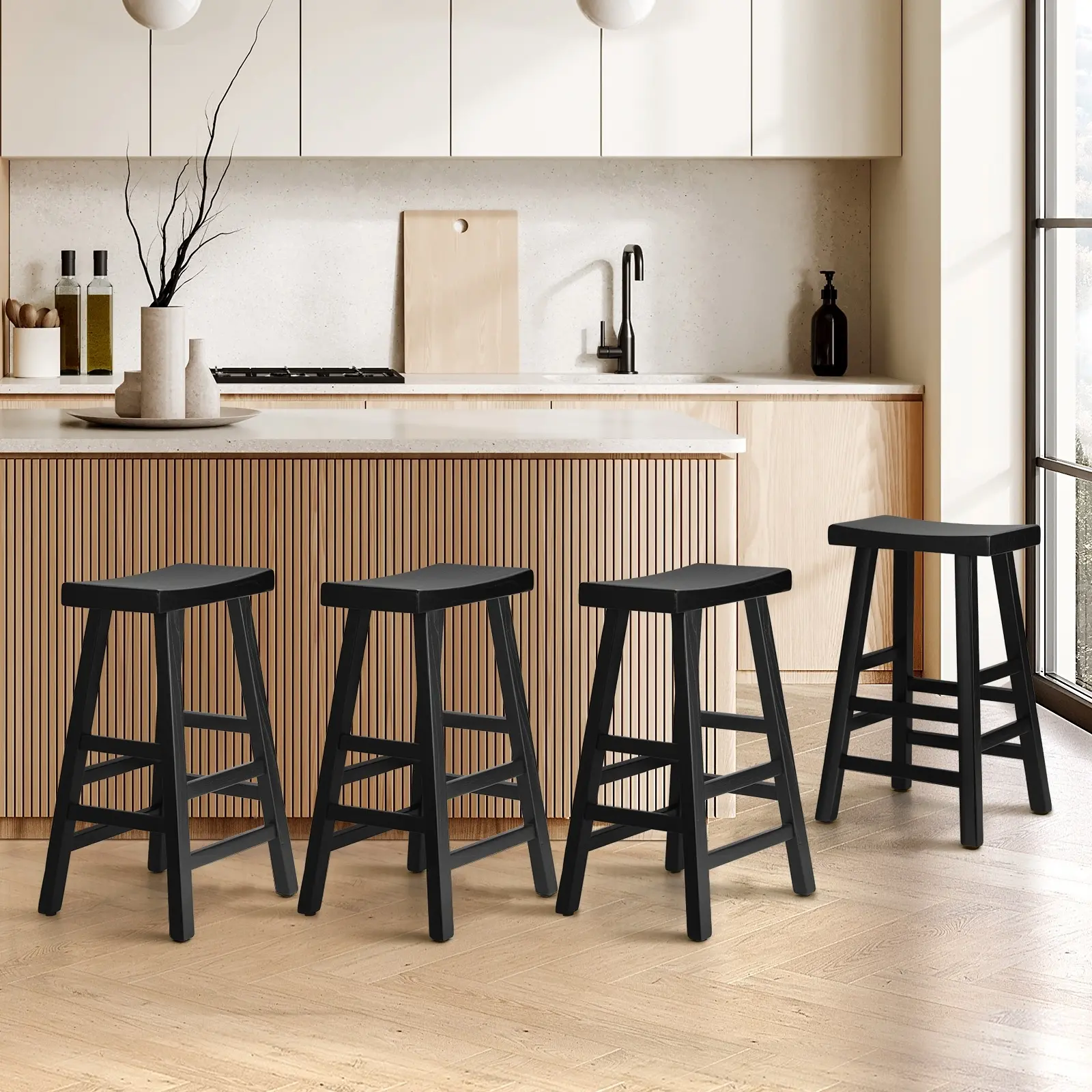 Oikiture 4X Bar Stools Kitchen Stool Wooden Counter Chairs Barstools Black - Furniture