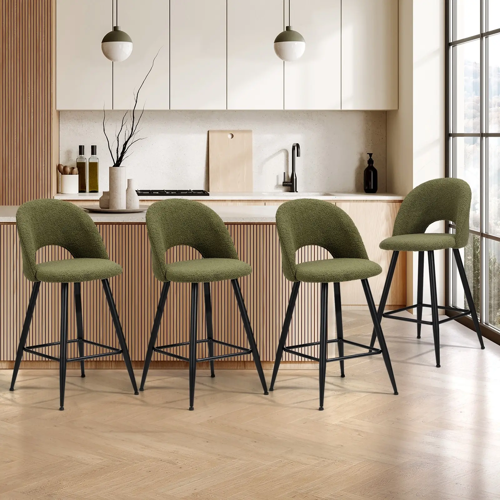 Oikiture 4x Bar Stools Kitchen Counter Stool Dining Chairs Boucle Green HORN - Furniture