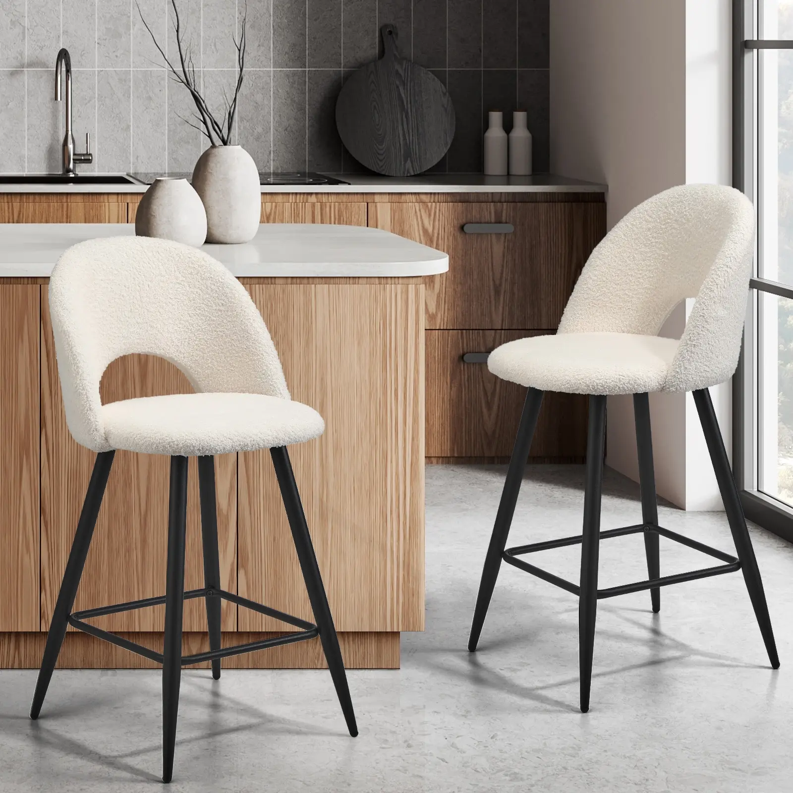 Oikiture 2x Bar Stools Kitchen Counter Stool Dining Chairs Boucle White HORN - Furniture