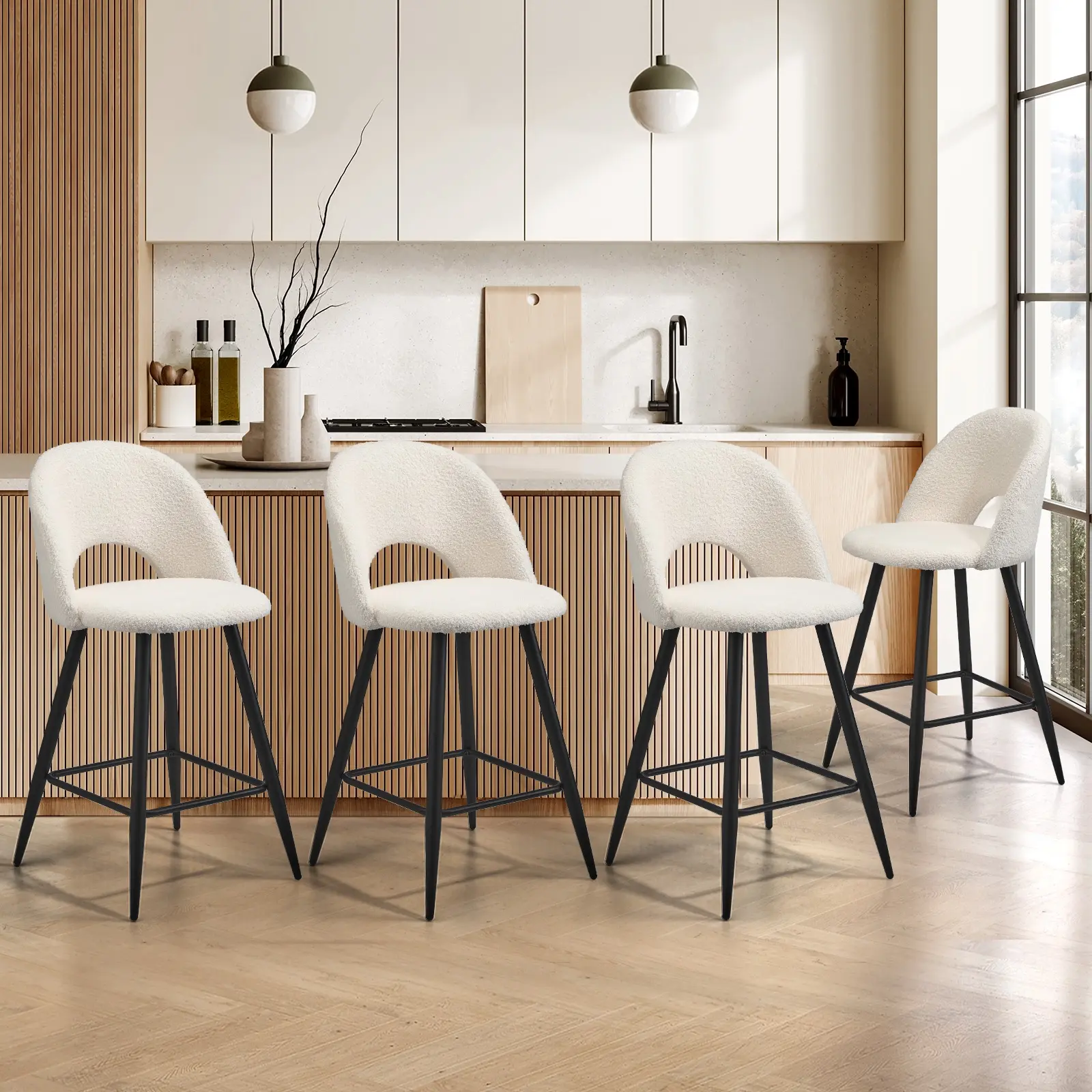 Oikiture 4x Bar Stools Kitchen Counter Stool Dining Chairs Boucle White HORN - Furniture