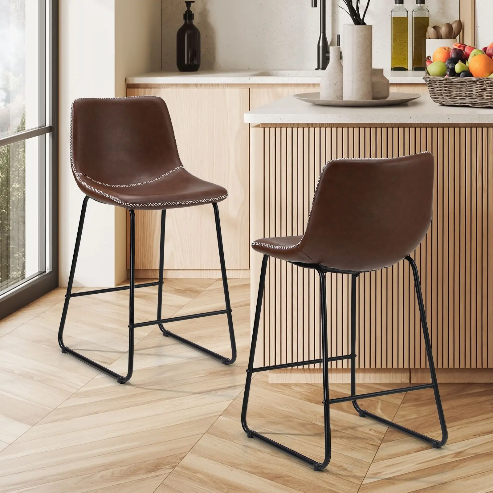 Oikiture 2x Bar Stools Kitchen Dining Chairs Leather Metal Brown - Furniture