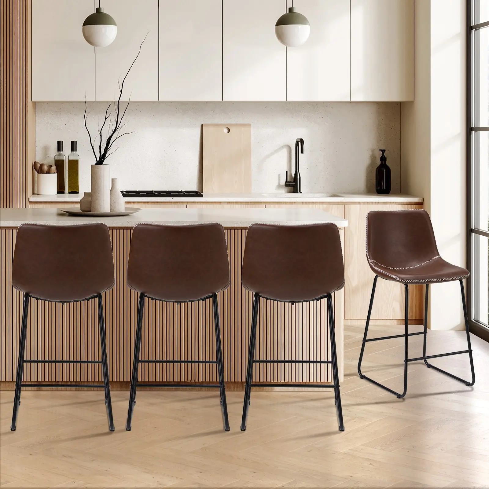 Oikiture 4x Bar Stools Kitchen Stool Dining Chairs Metal Leather Brown - Furniture
