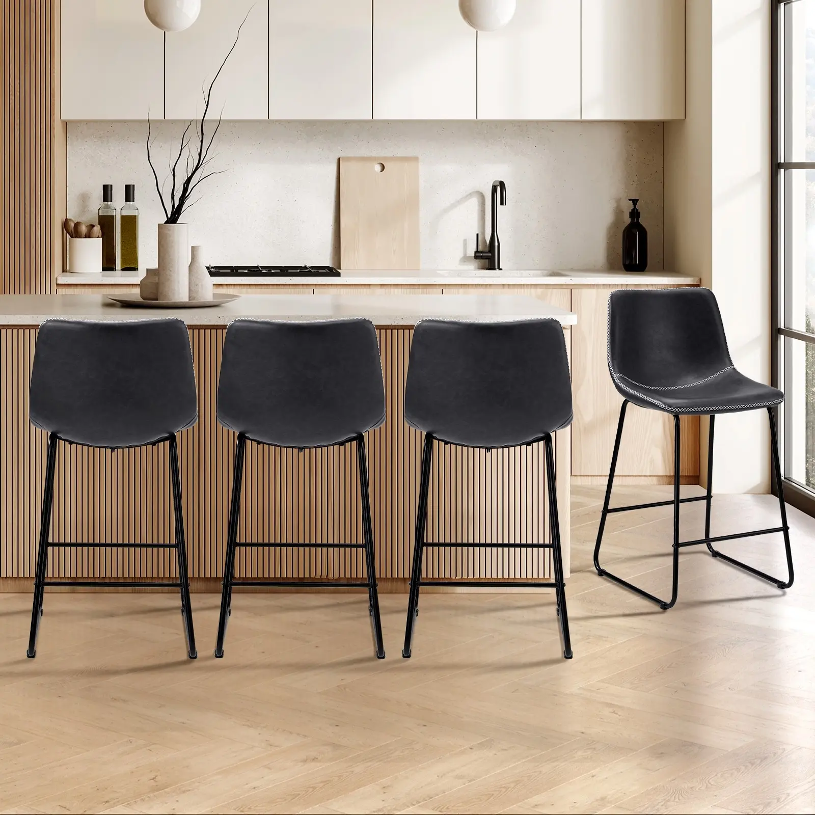 Oikiture 4x Bar Stools Kitchen Stool Dining Chairs Metal Leather Grey - Furniture