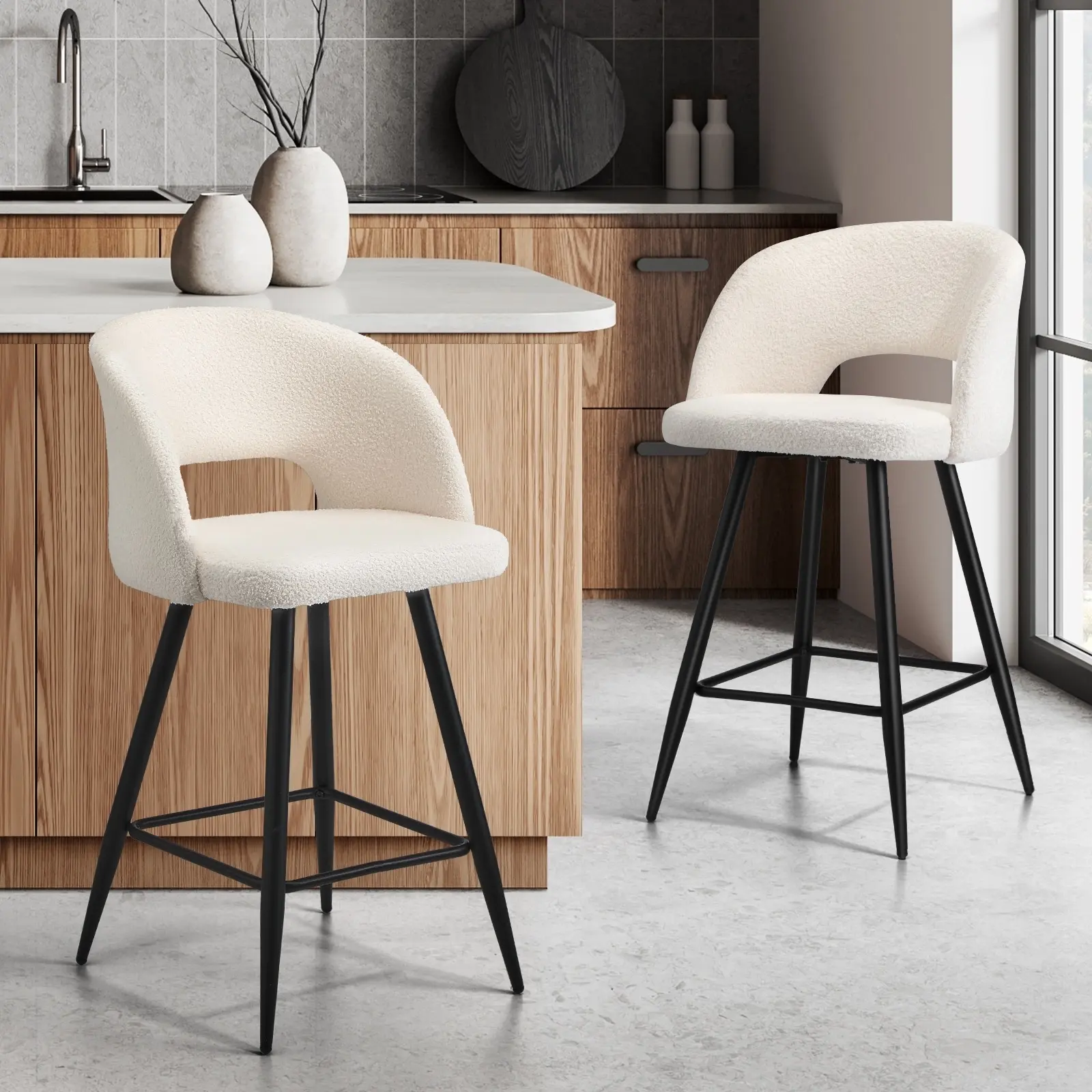 Oikiture 2x Bar Stools Kitchen Dining Chair Padded Chair Boucle White SURA - Furniture