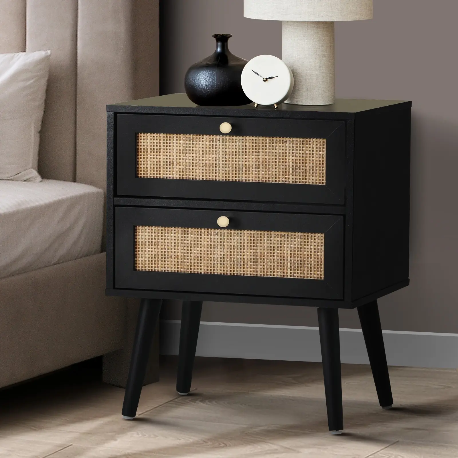 Oikiture Bedside Table Side Table 2 Drawers Storage Cabinet Nightstand Rattan - Furniture