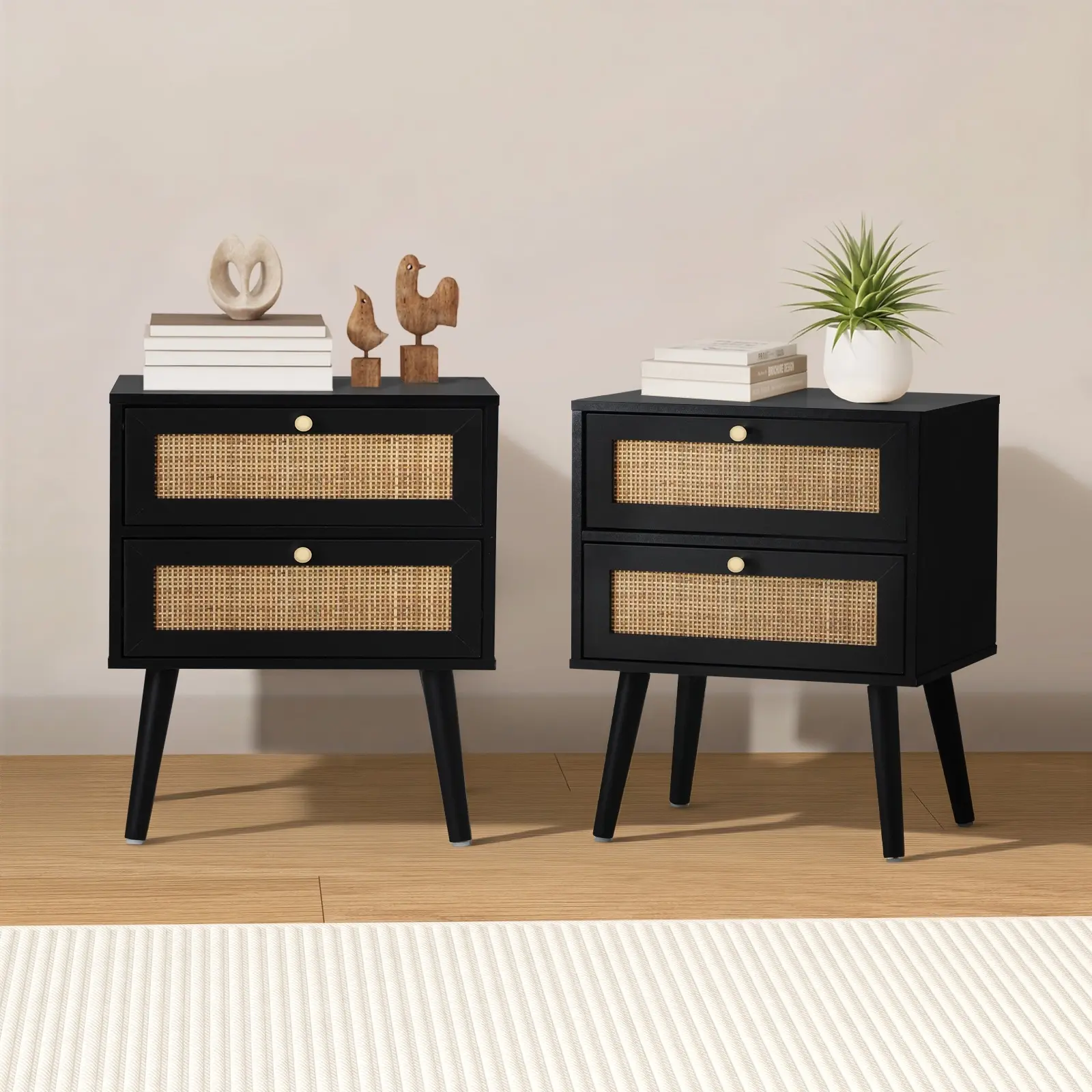 Oikiture 2X Bedside Table Side Table 2 Drawers Storage Cabinet Nightstand Rattan - Furniture