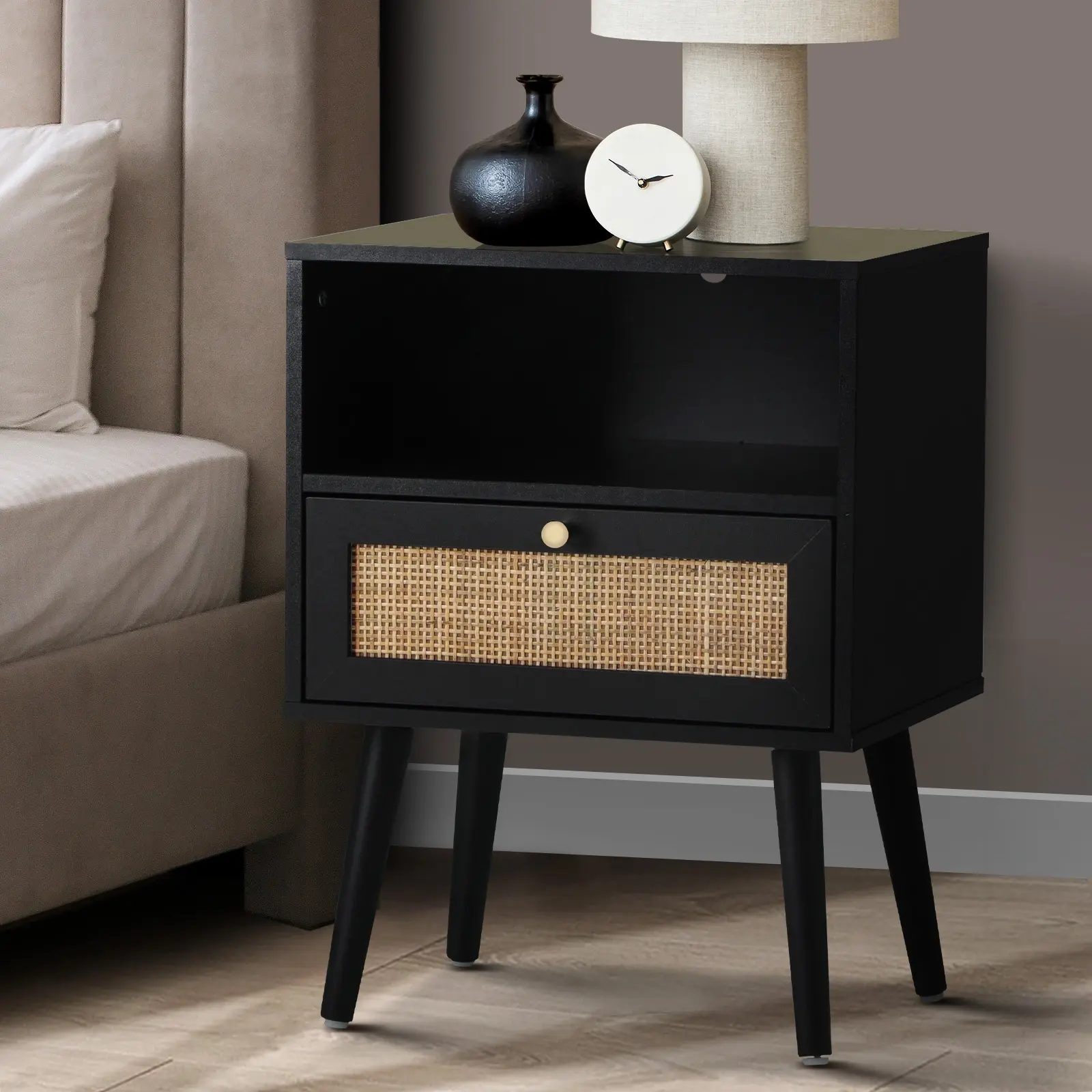 Oikiture Bedside Table Side Table Storage Drawer Shelf Nightstand Rattan Black - Furniture