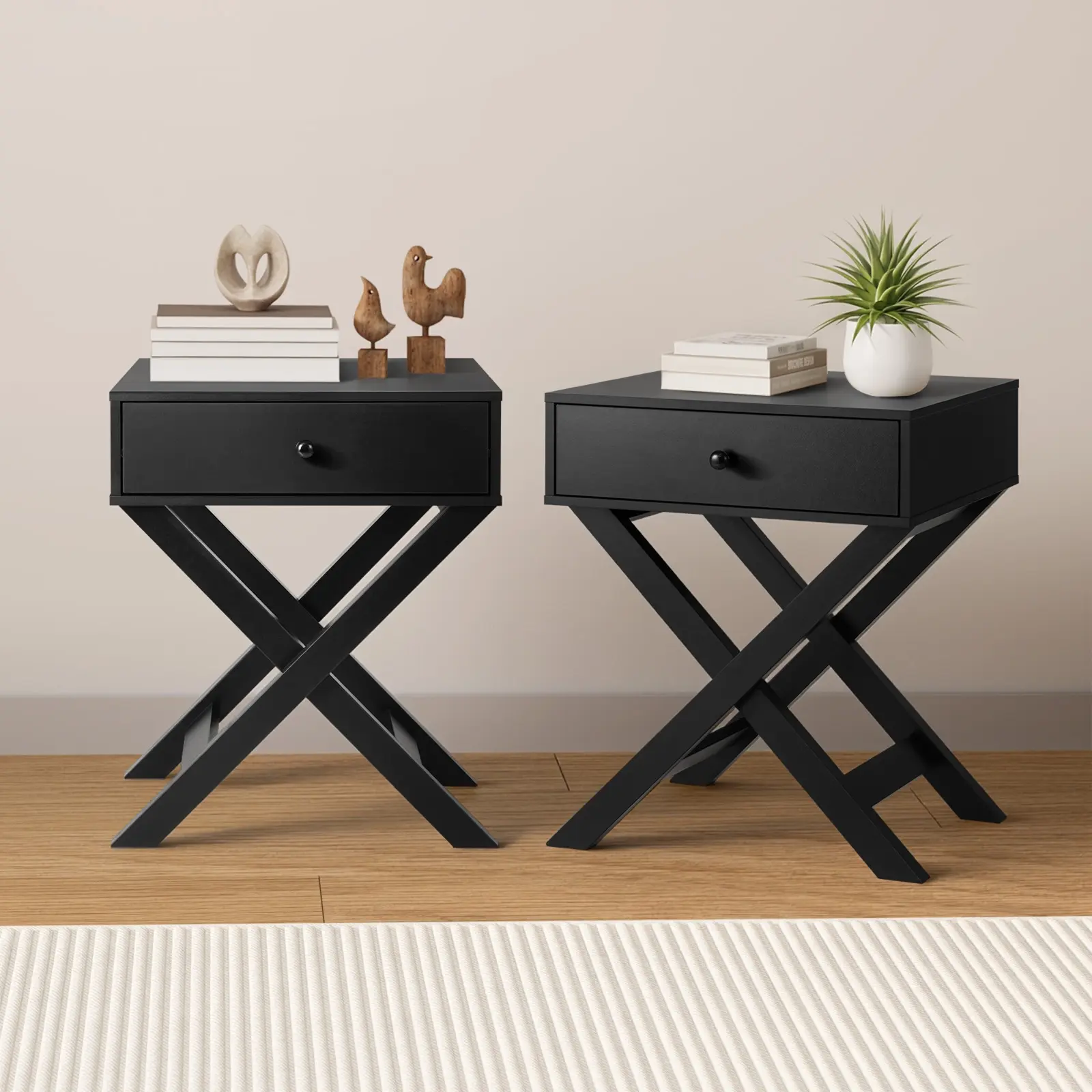 Oikiture 2PCS Bedside Table Drawer Side Table Black Storage Cabinet - Furniture