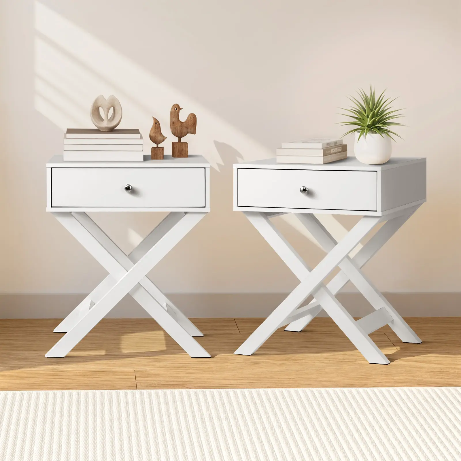 Oikiture 2PCS Bedside Table Drawer Side Table White Storage Cabinet - Furniture