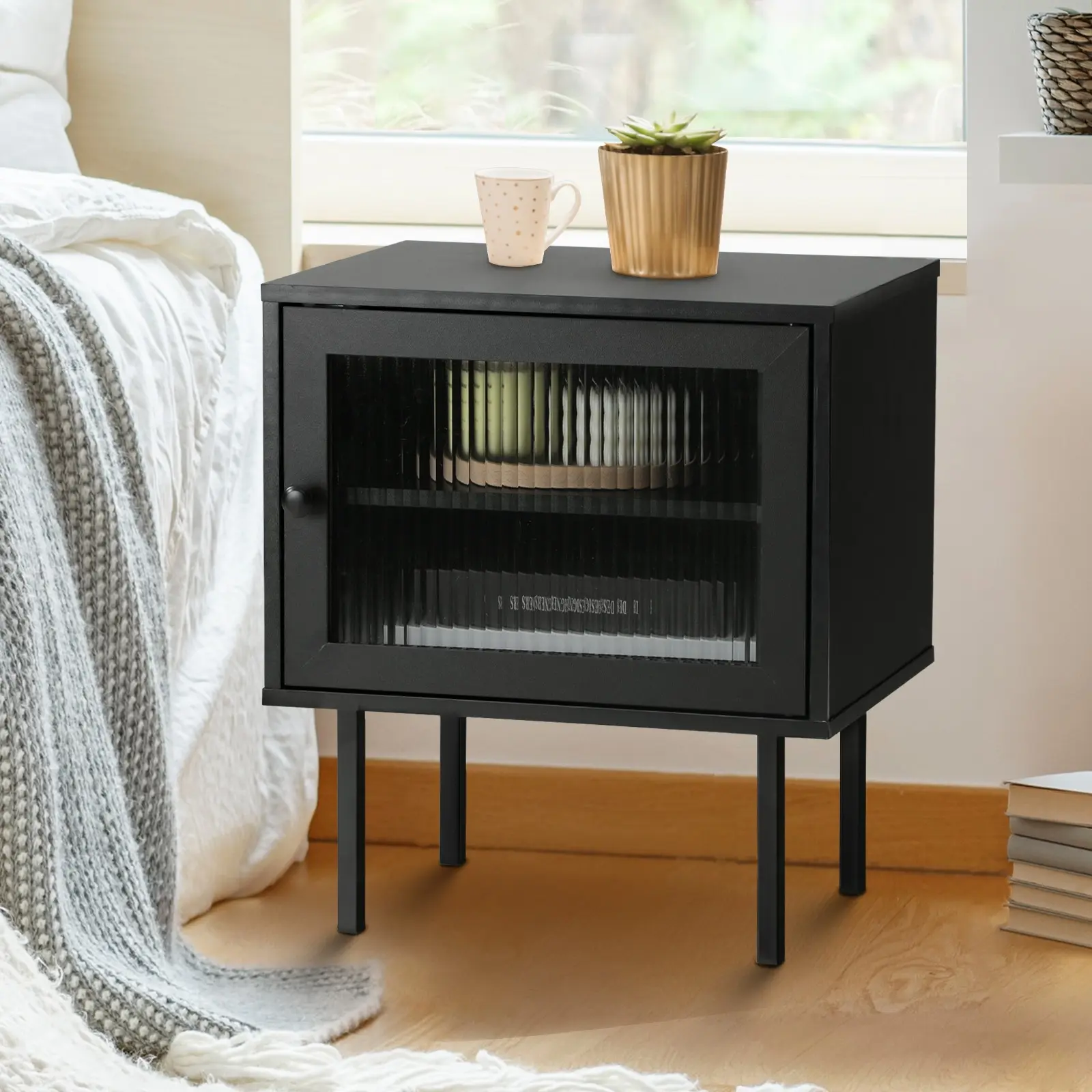 Oikiture Bedside Tables Nightstand Storage Cabinet Side End Table Wood Black - Furniture
