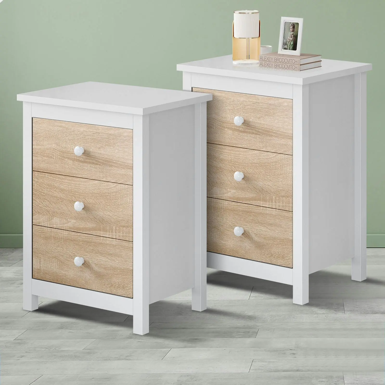 Alfordson 2x Bedside Table Hamptons Nightstand 3 Drawers Oak - Furniture