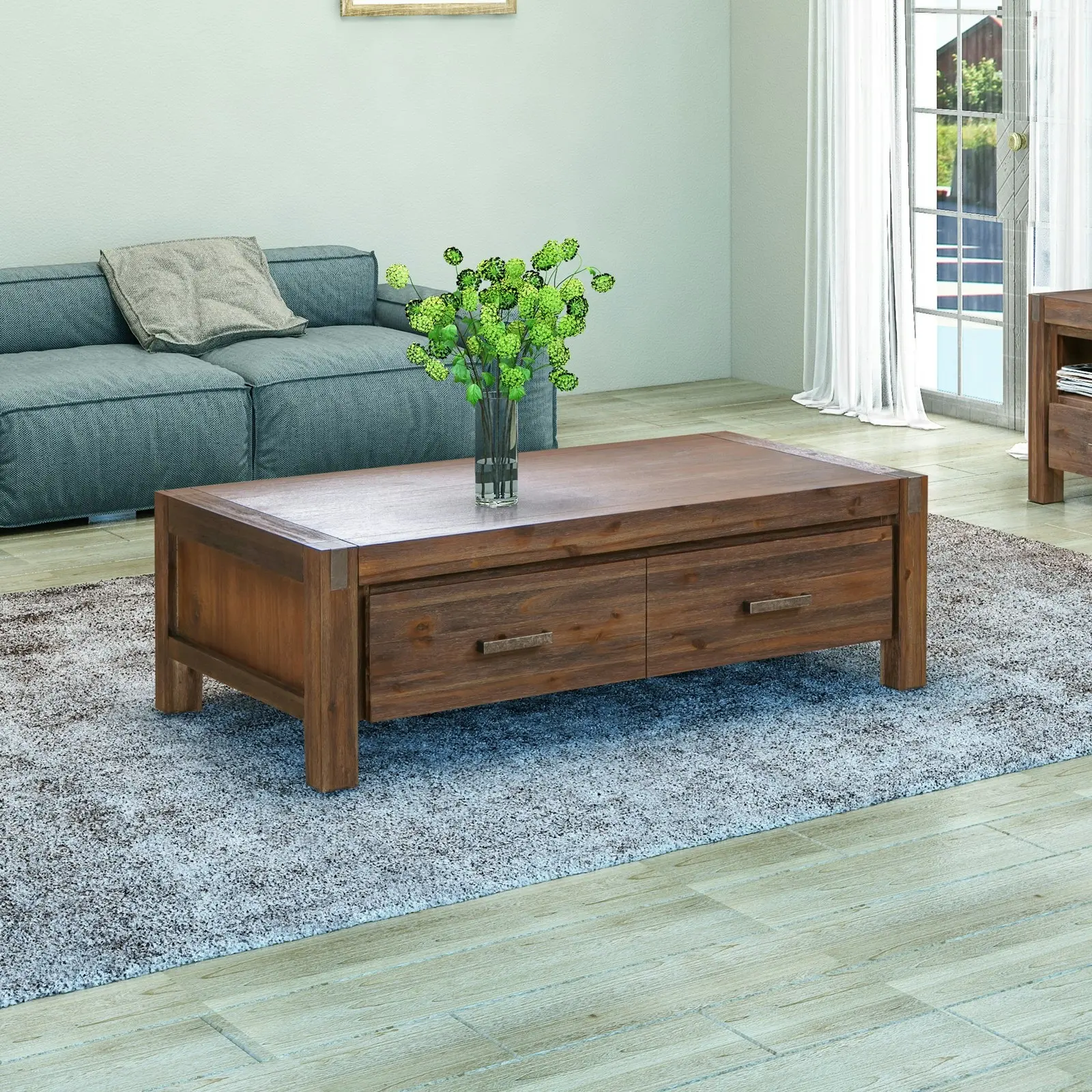 Coffee Table Solid Acacia Wood & Veneer 1 Drawers Storage Oak Colour - Furniture