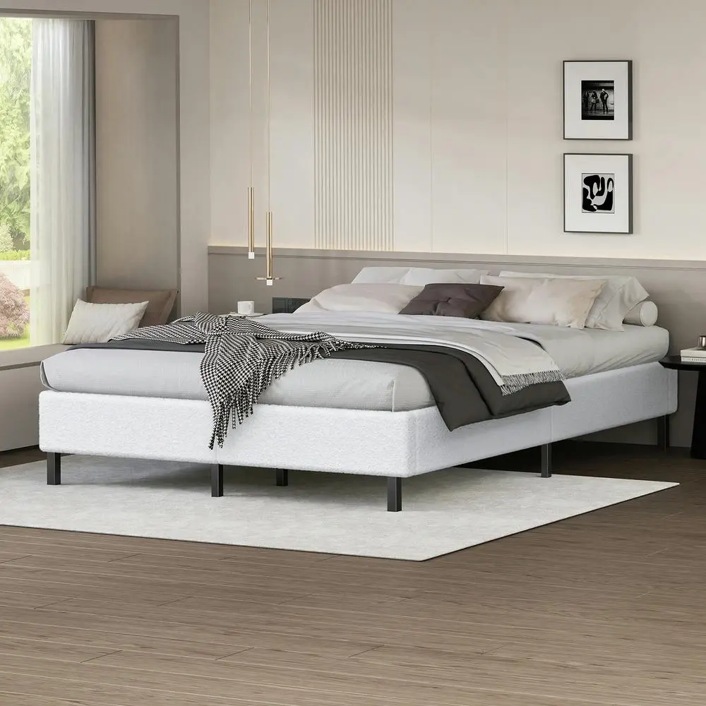 Alfordson Bed Frame Double Size Mattress Base Foundation White Boucle BASEL - Furniture