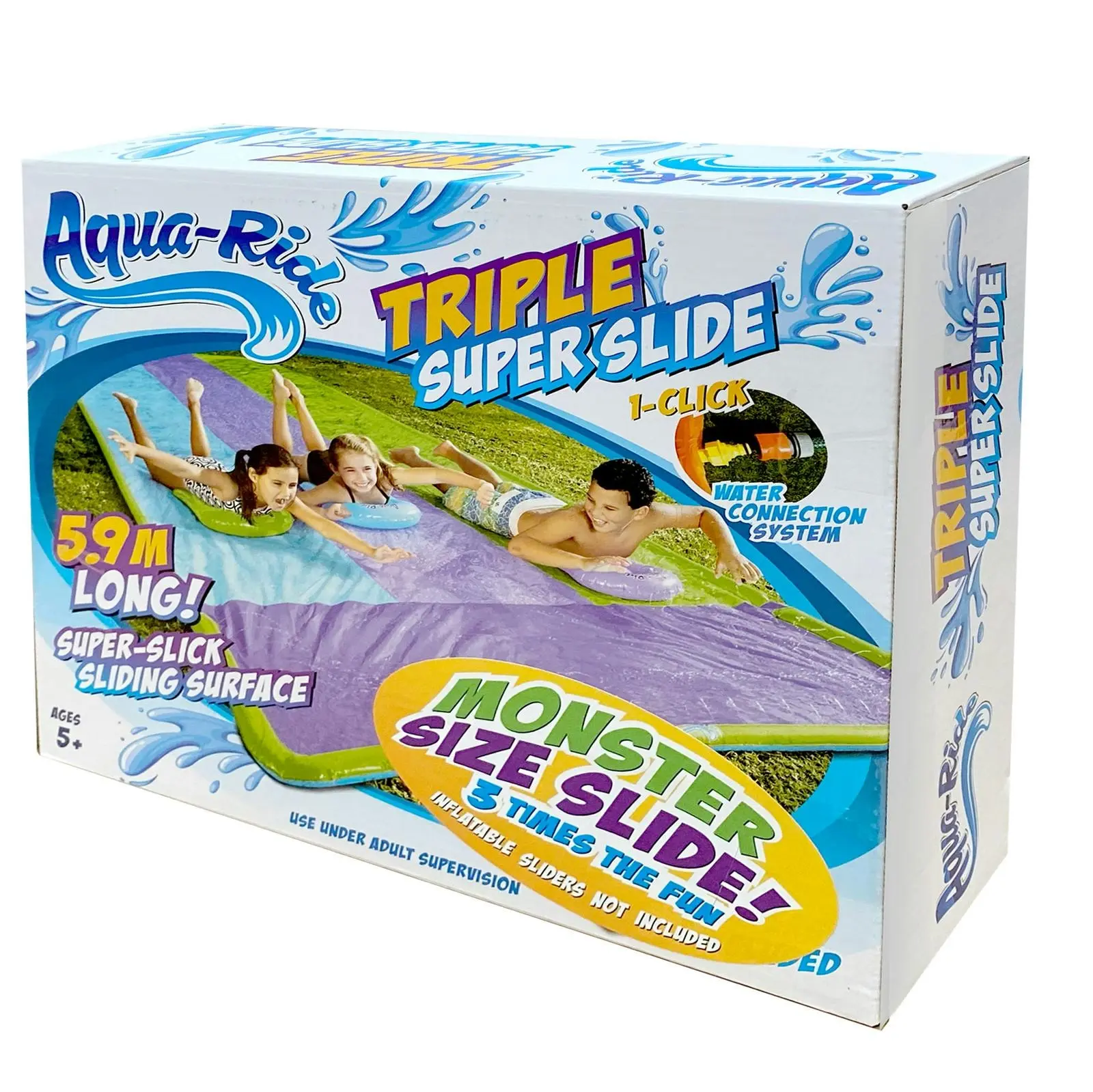 Aqua Ride Triple Water Slide w/ Sprinklers Fun Outdoor Activity Kids/Children 5+ - Toys & Games