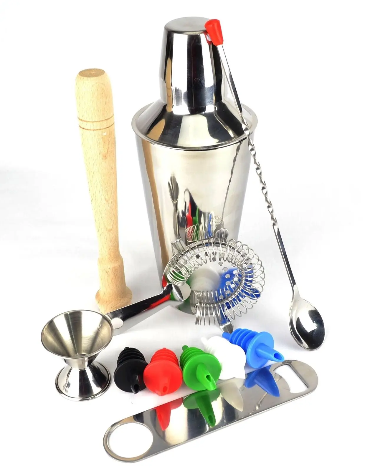 PURPLESPOILZ 10 PIECE COCKTAIL SHAKER SET WITH COLOURED POURERS & FREE BAR BLADE - Home & Garden