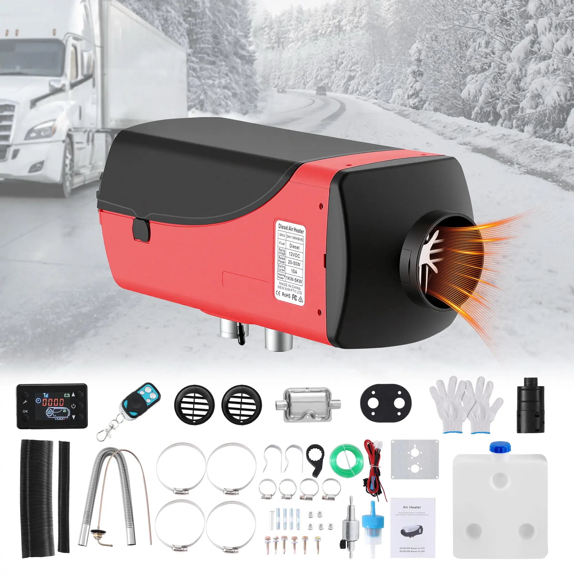 Giantz Diesel Air Heater 12V 5KW LCD Display Remote Control for Car Bus RV Indoor 8L - Automotive