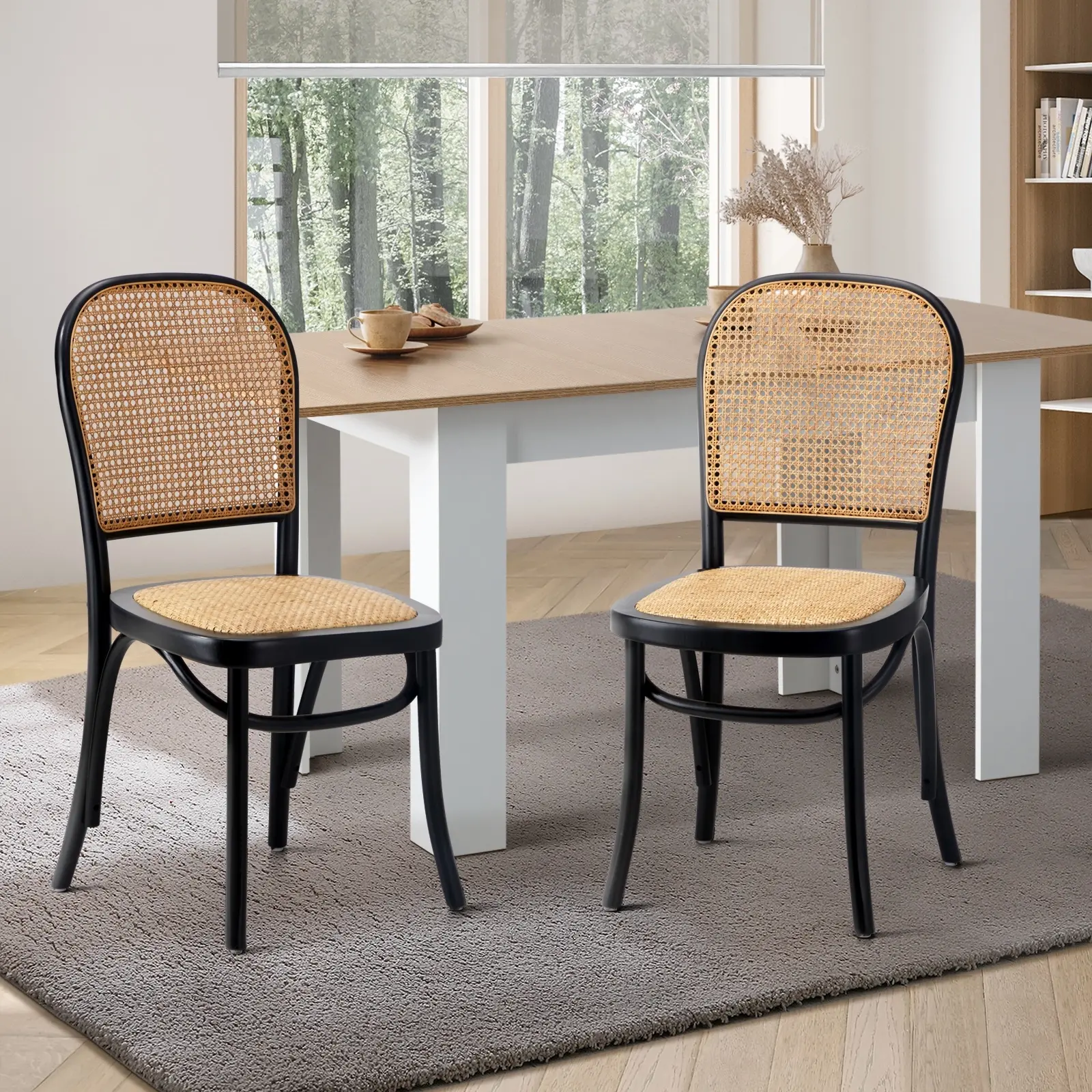 Oikiture 2PCS Dining Chairs Wooden Chairs Rattan Accent Chair Black - Furniture