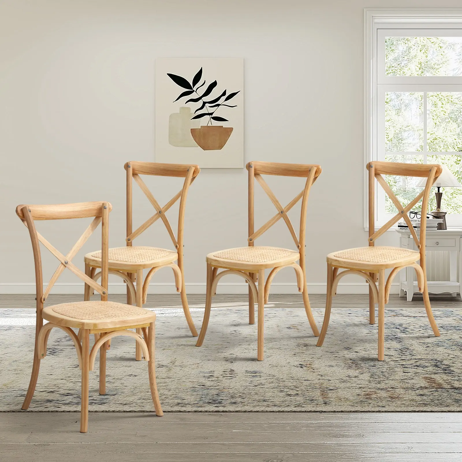 Oikiture 4x Crossback Dining Chair Solid Birch Timber Wood Ratan Seat Natural - Shop Dining Chairs & Bar Stools