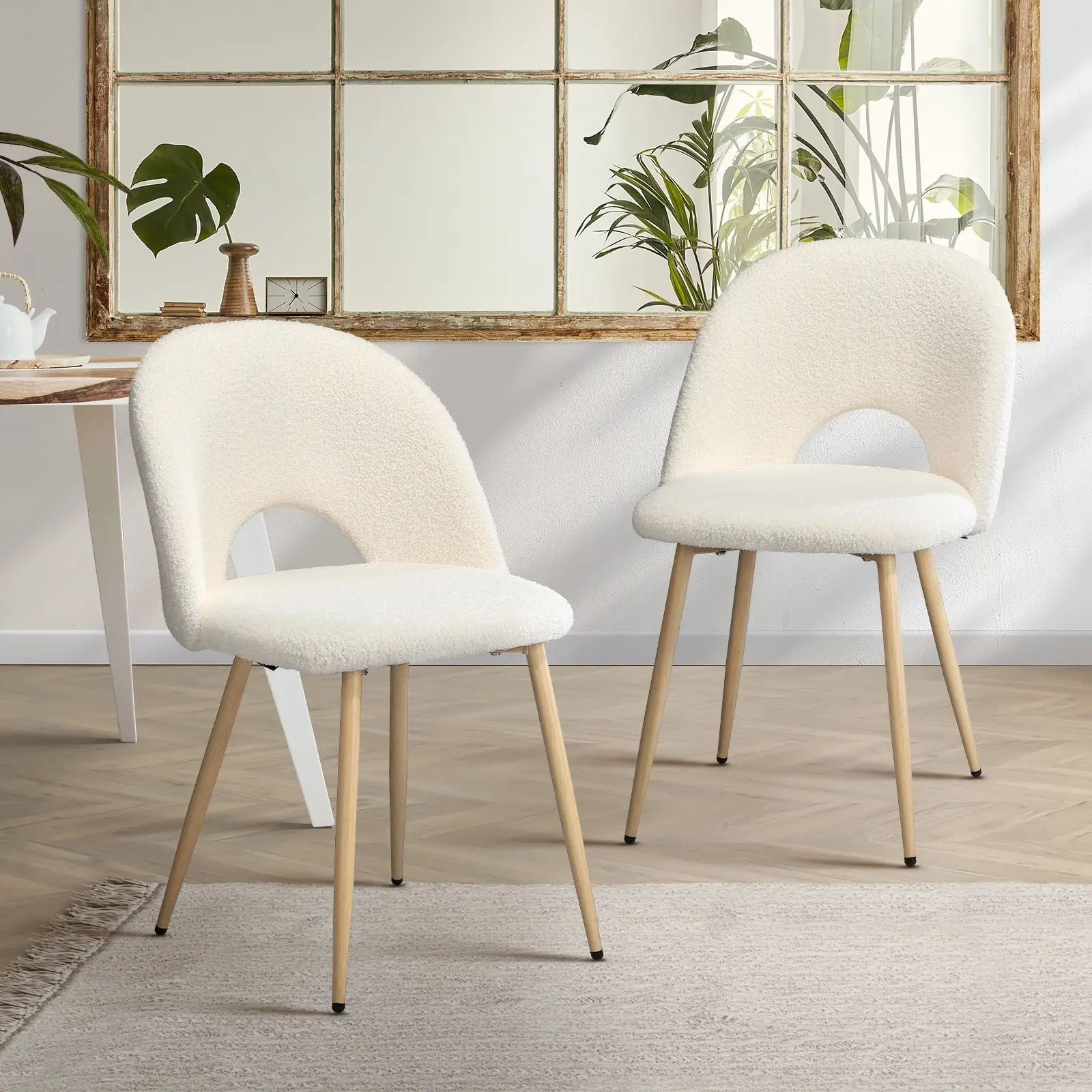 Oikiture 2PCS Dining Chairs Accent Chair Armchair Sherpa Wooden White - Furniture