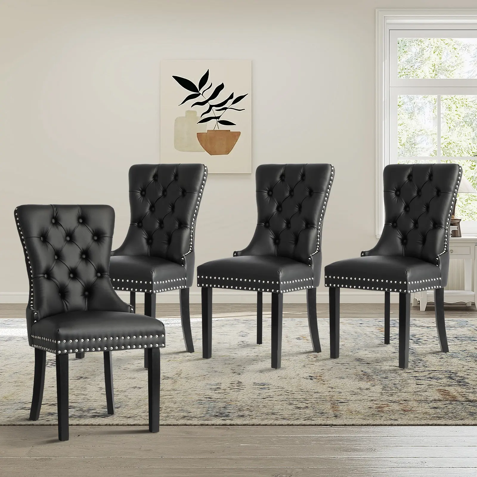 Oikiture 4x Dining Chairs Upholstered French Provincial Tufted PU Leather Black - Furniture