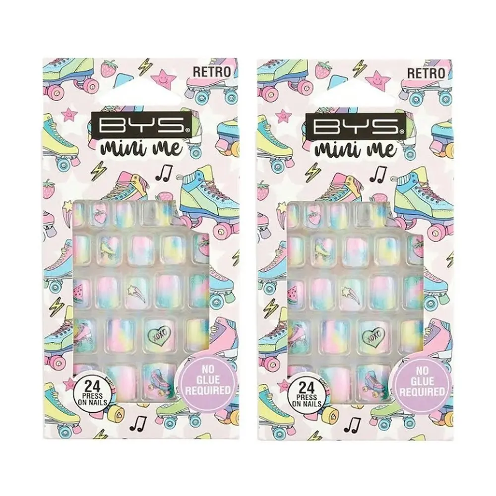 48pc BYS Mini Me Kids/Children Stick/Press On Artificial Nails Roller Retro 3y+ - Beauty