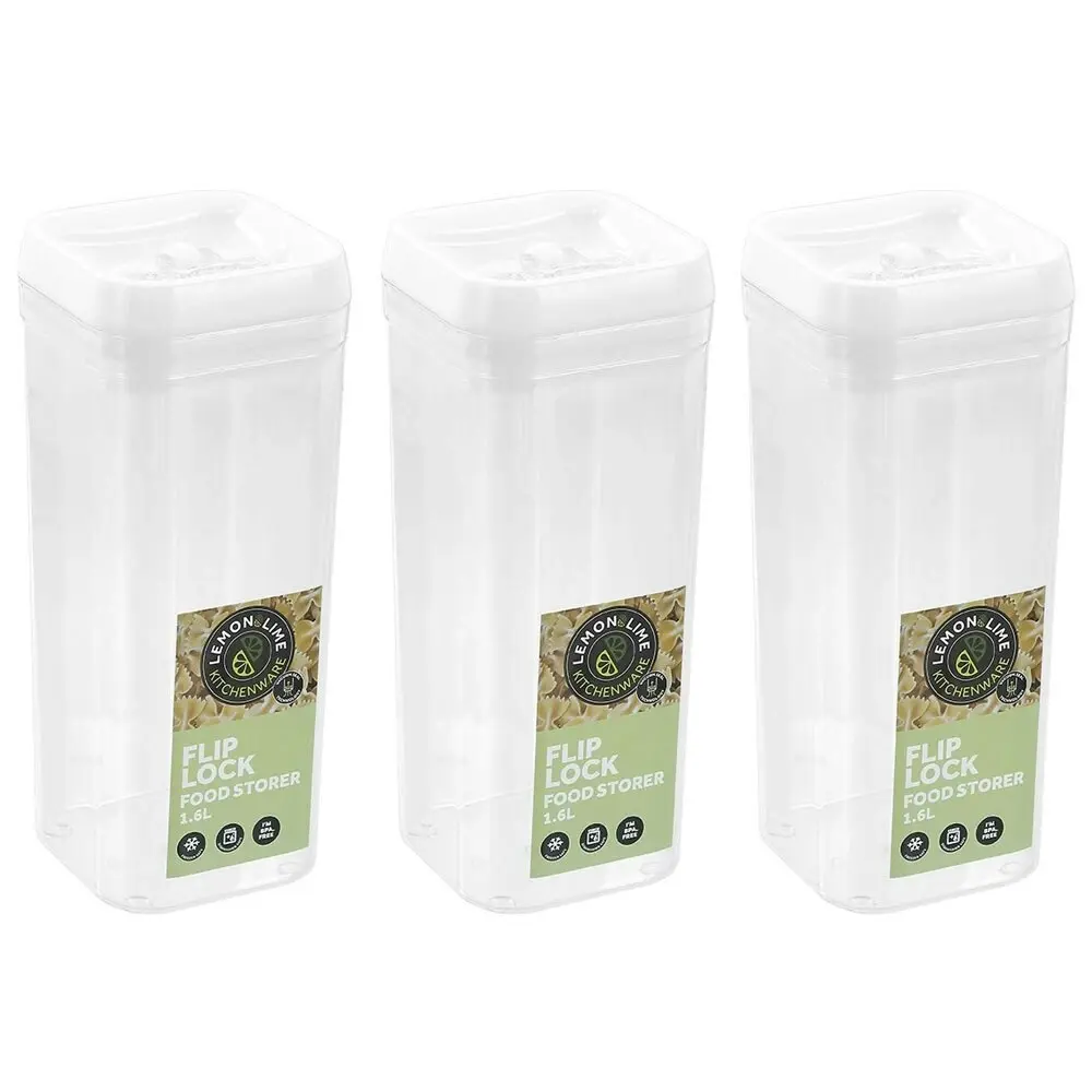 3x Lemon & Lime Flip Lock 1.6L/24.5cm Food Storer/Storage Square Container Clear - Home & Garden