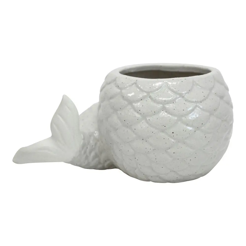 Mermaid Tail Ceramic 15cm Planter Flower Pot Medium Home Garden Decor White - Home & Garden