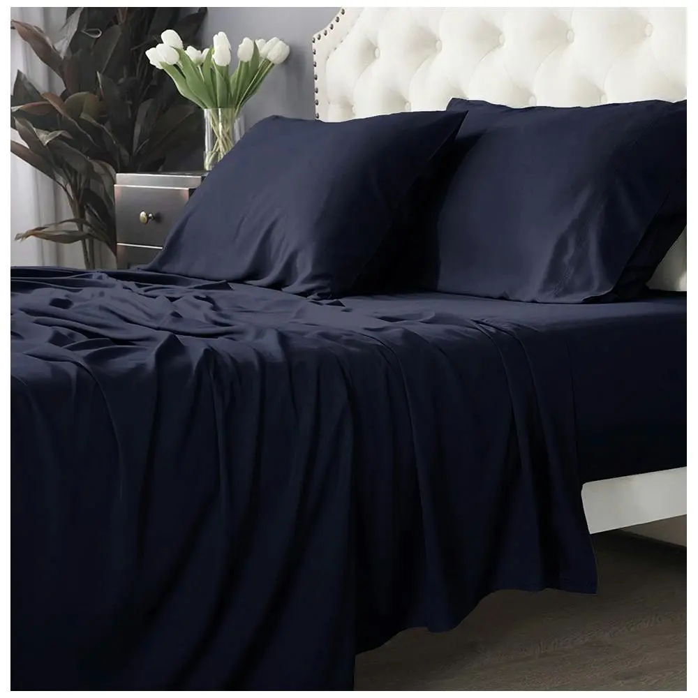 Park Avenue Long Single Fitted Sheet/Pillowcases Set 500TC Bamboo Cotton Indigo - Home & Garden