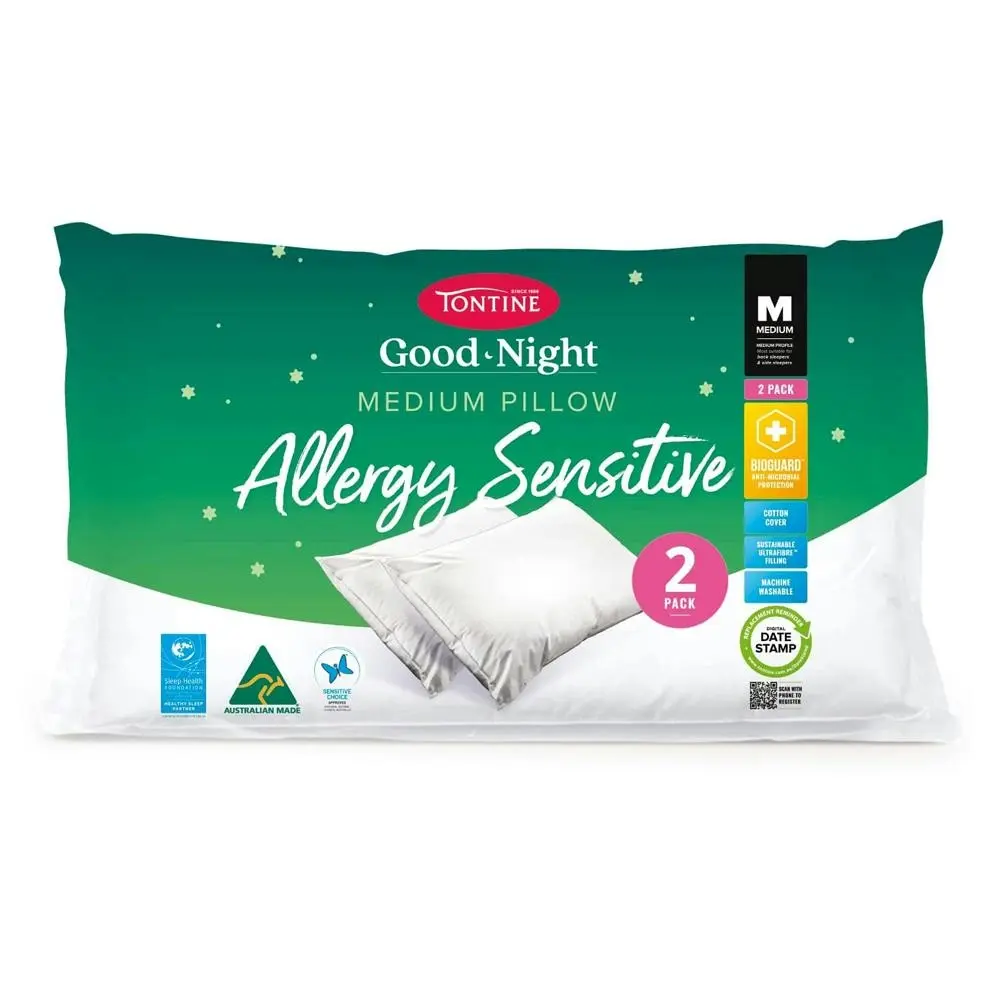 Tontine Good Night Allergy Sensitive Sleep/Bedding Soft Pillow Medium Height 2pc - Home & Garden