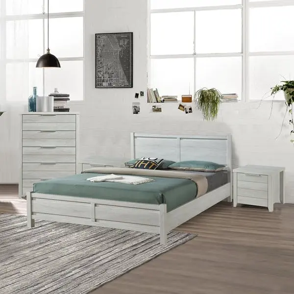 4 Pieces Bedroom Suite Natural Wood Like MDF Structure Queen Size White Ash Colour Bed, Bedside Table & Tallboy - Furniture