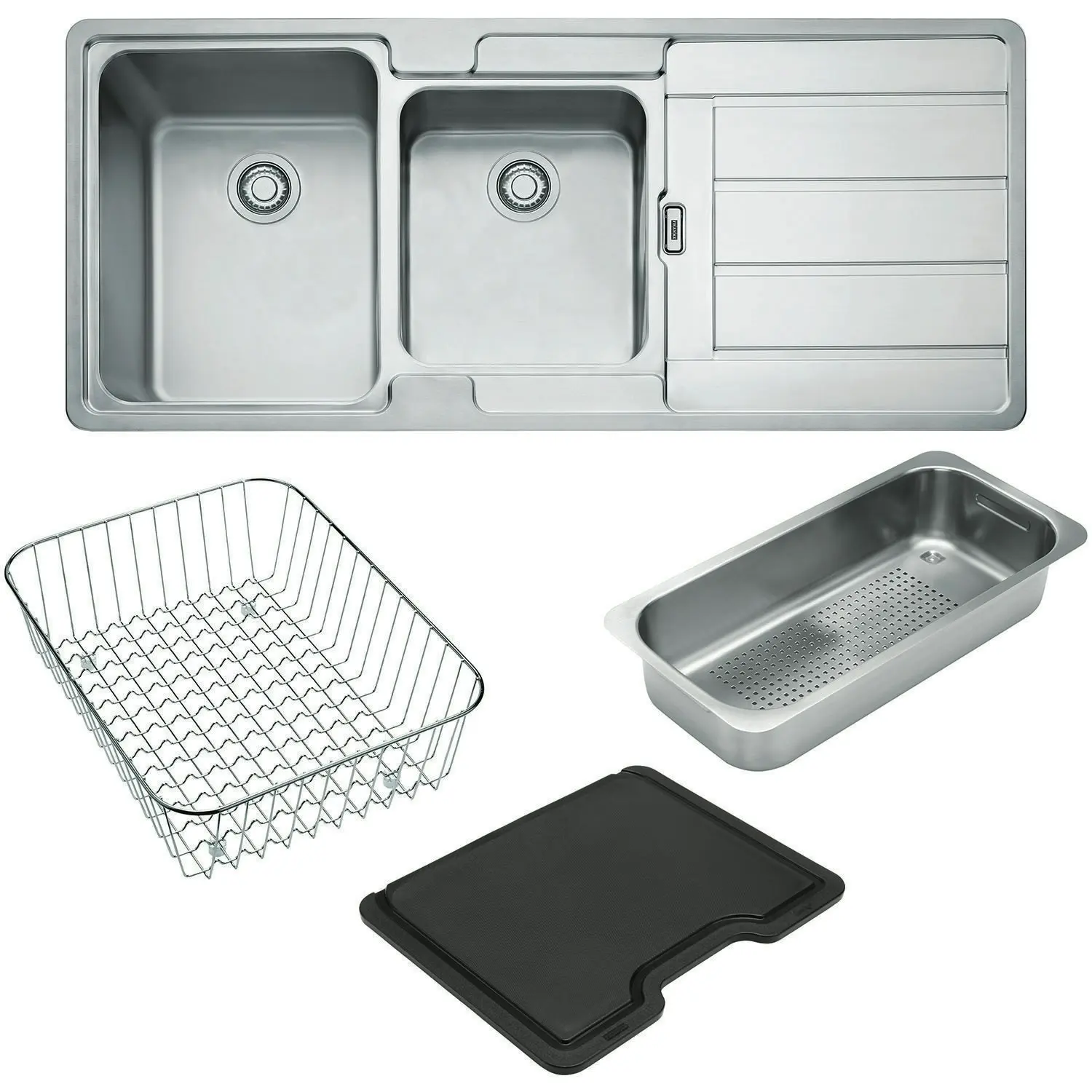 Franke Hydros 1 and 3/4 Bowl Sink with Right Hand Drainer and Accessories - Hardware