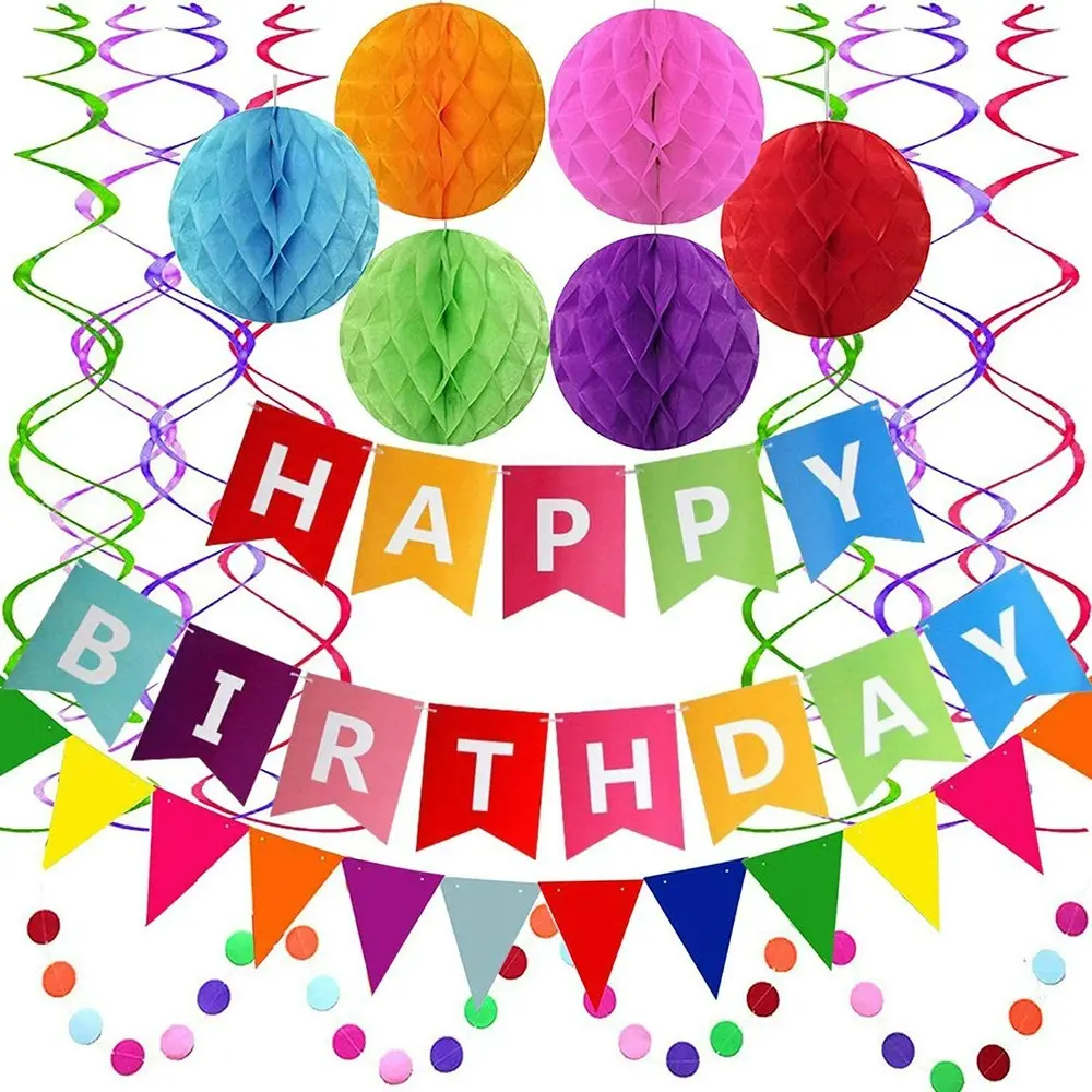 Happy Birthday Banner Triangle Flag Bunting Circle Hanging Garland Streamers - Hobbies
