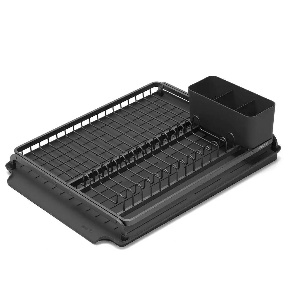 Brabantia Dish Drying Rack Kitchen Organiser w/ Utensils Holder + Drip Tray Dark Grey - Home & Garden