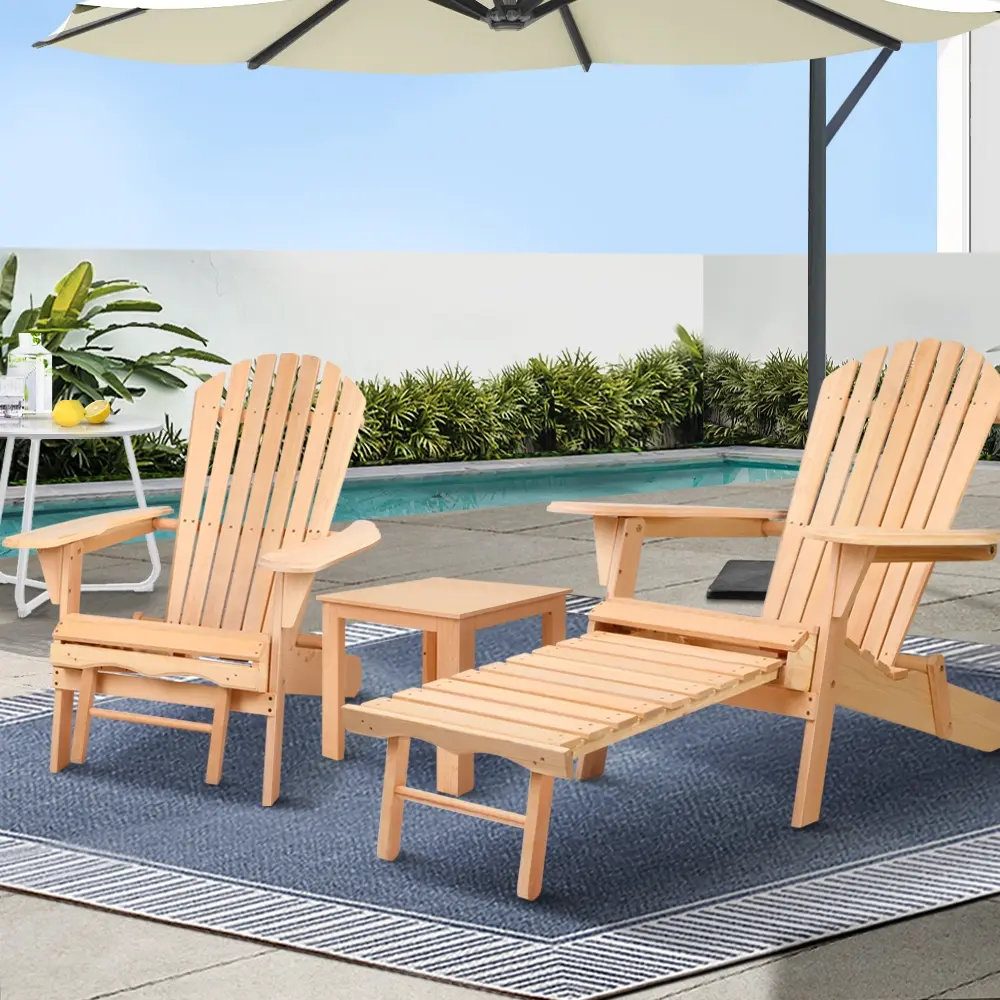Gardeon 3PC Adirondack Outdoor Table and Chairs? Wooden Sun Lounge Beach Patio Natural - Up to 65% off Outdoor Furniture
