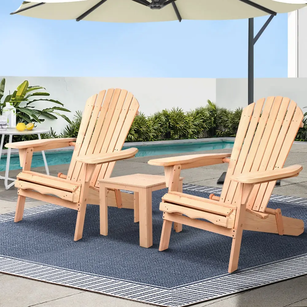 Gardeon 3PC Adirondack Outdoor Table and Chairs Wooden Foldable Beach Chair Natural - Furniture