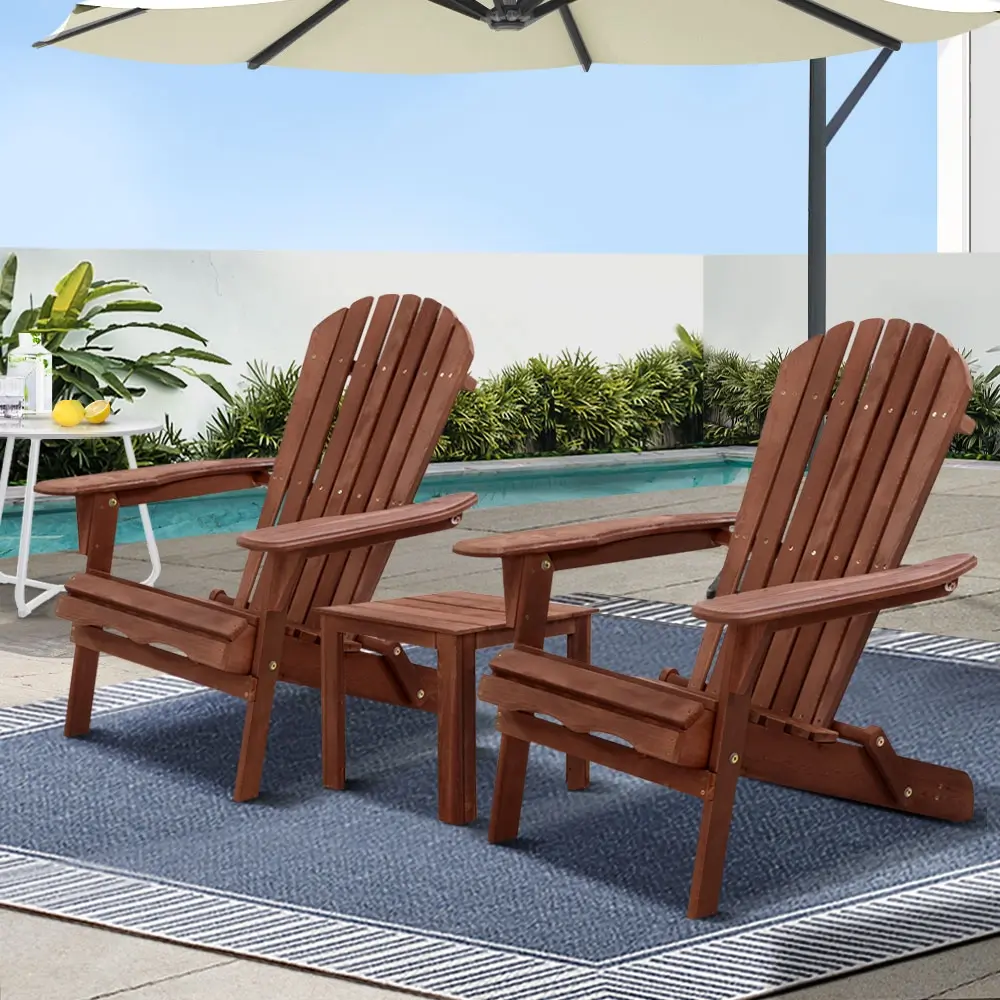 Gardeon 3PC Adirondack Outdoor Table and Chairs Wooden Foldable Beach Chair Brown - Up to 65% off Outdoor Furniture