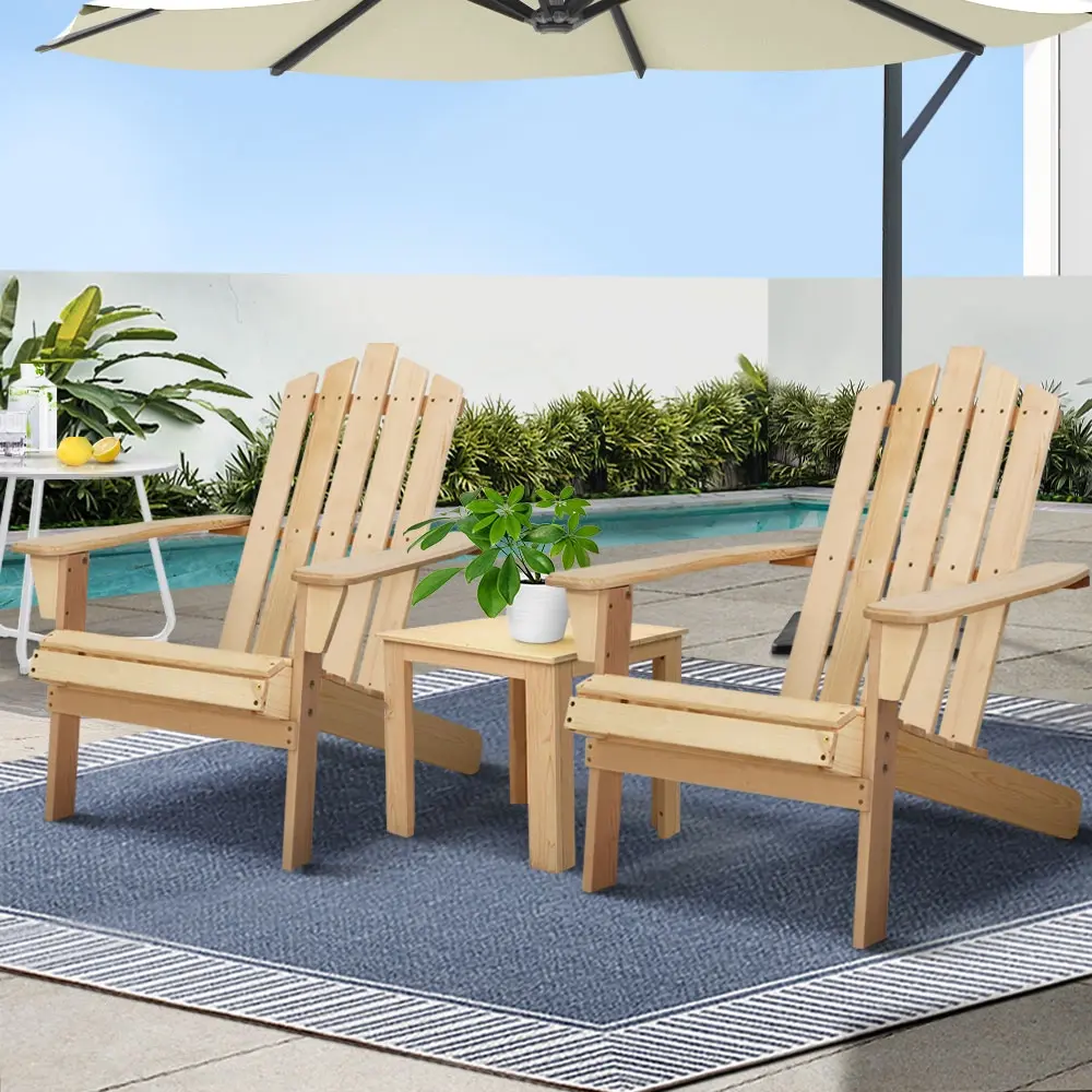 Gardeon 3PC Adirondack Outdoor Table and Chairs Wooden Beach Chair Natural - Furniture
