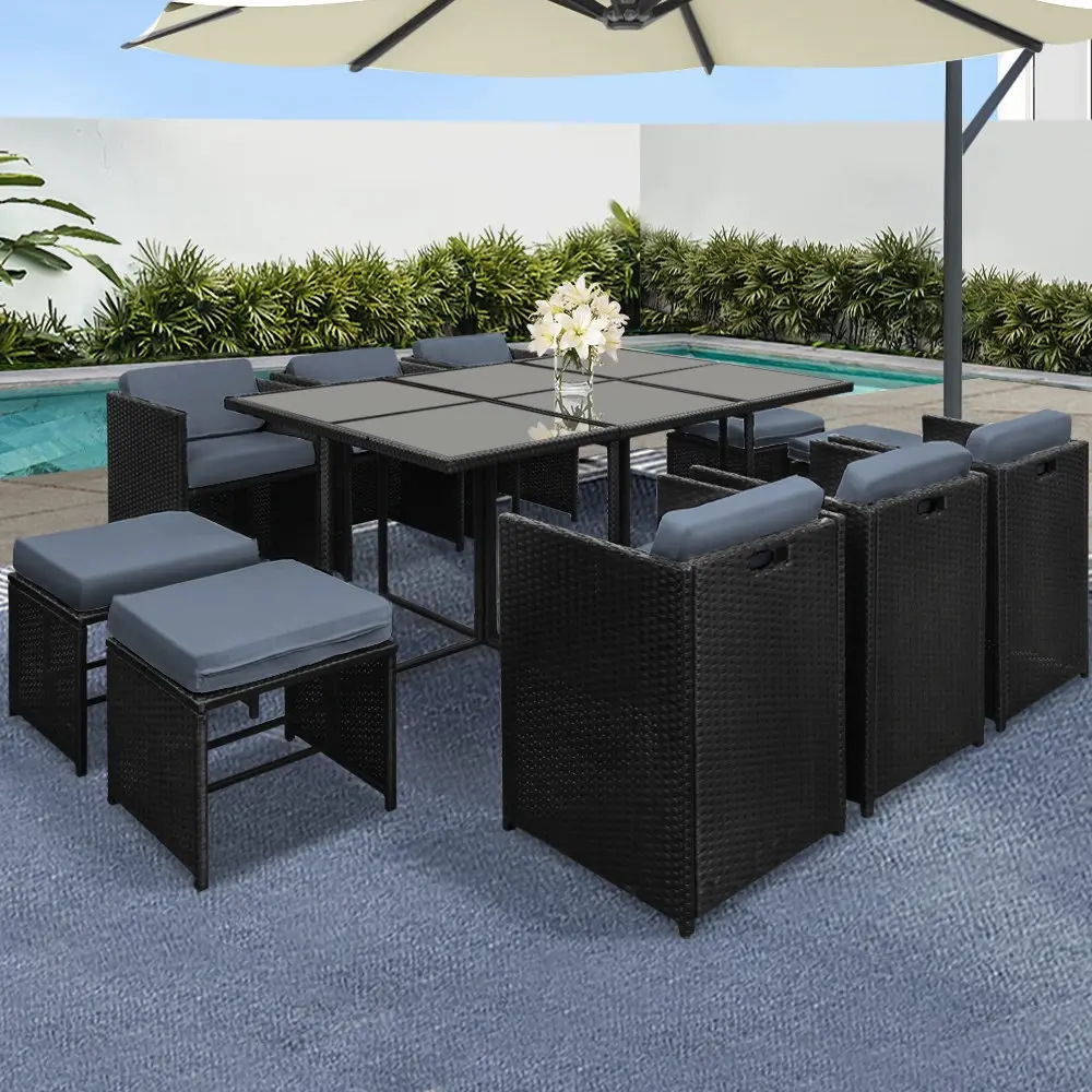 Gardeon Outdoor Dining Set 11 Piece Wicker Table Chairs Setting Black - Furniture