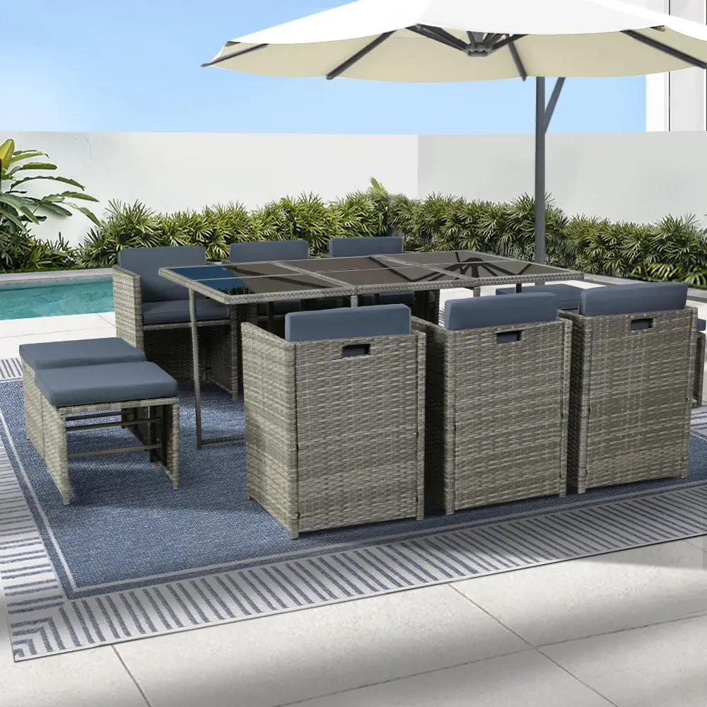 Gardeon Outdoor Dining Set 11 Piece Wicker Table Chairs Setting Grey - Furniture