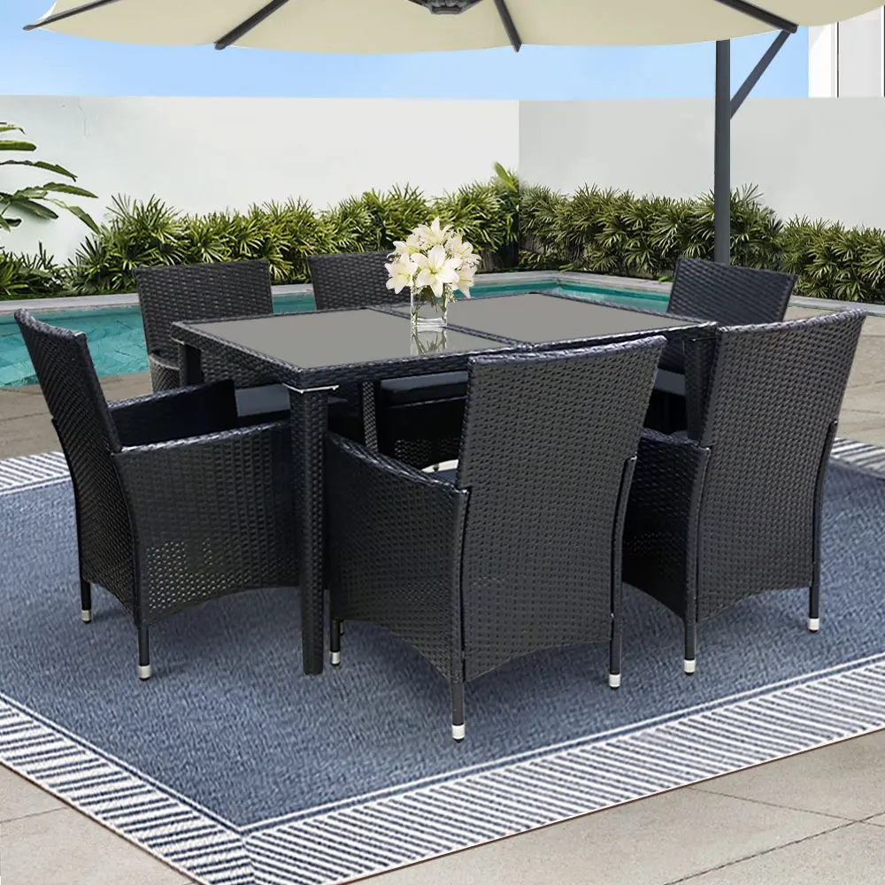 Gardeon Outdoor Dining Set 7 Piece Wicker Lounge Setting Black - Up to 65% off Outdoor Furniture