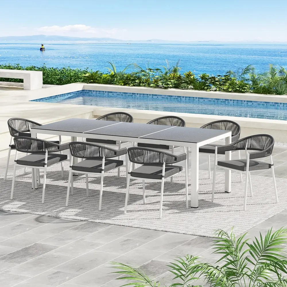Gardeon Outdoor Dining Set 9 Piece Steel Table Chairs Setting White - Furniture