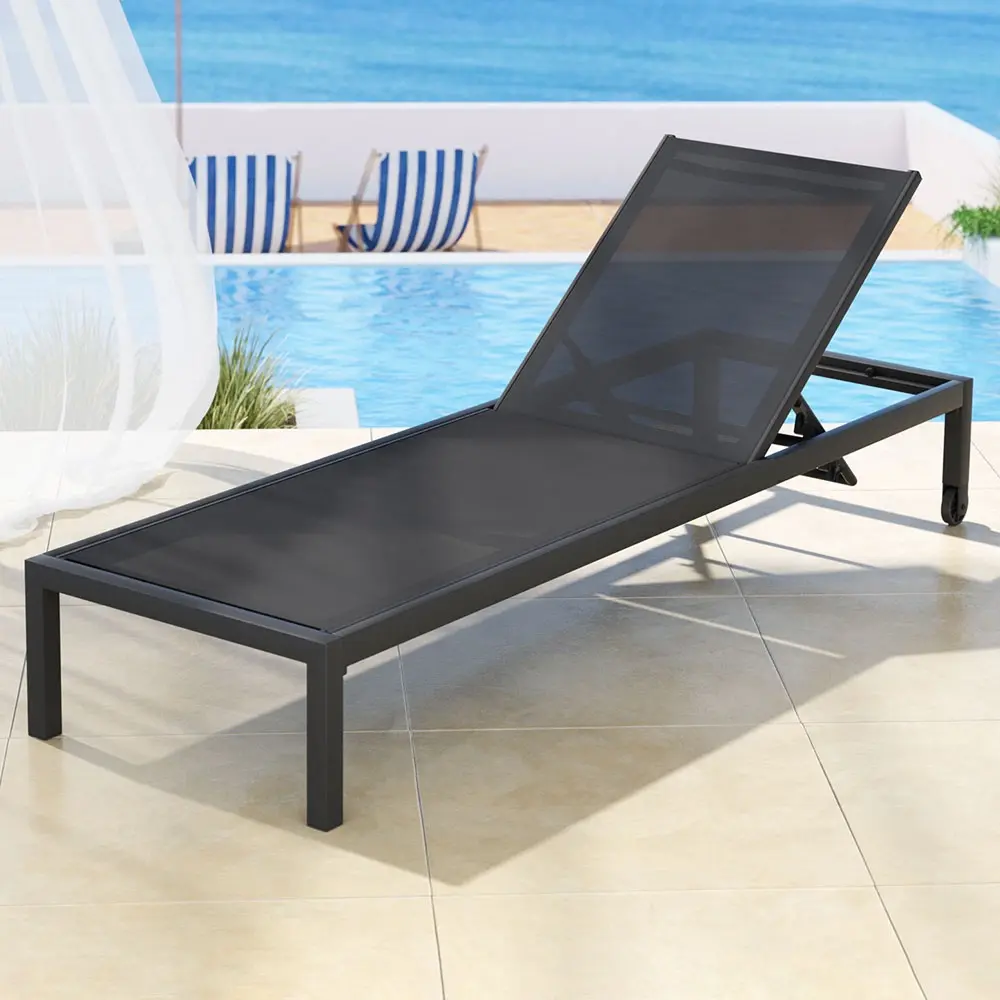 Gardeon Sun Lounge Outdoor Lounger Aluminium Folding Beach Chair Wheels Black - Up to 65% off Outdoor Furniture