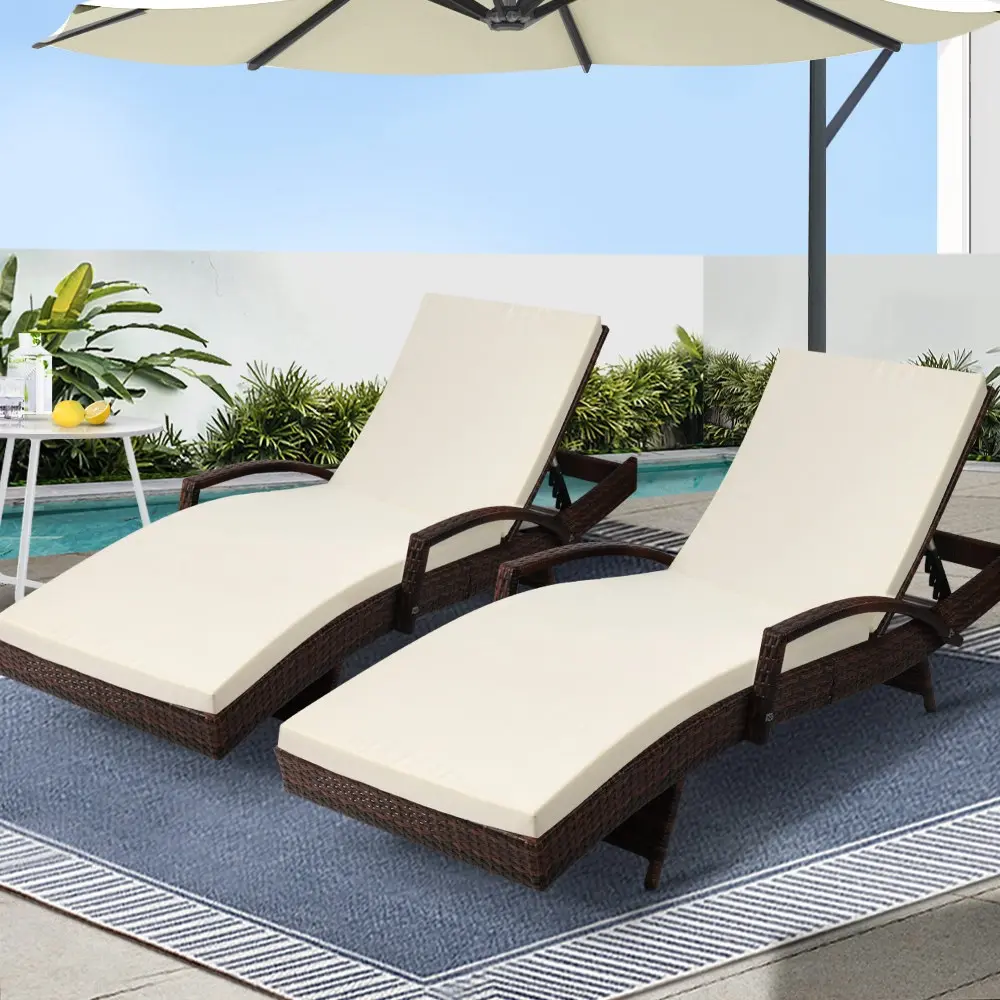 Gardeon 2PC Sun Lounge Wicker Lounger Outdoor Furniture Beach Chair Patio Adjustable Cushion Brown - Up to 65% off Outdoor Furniture