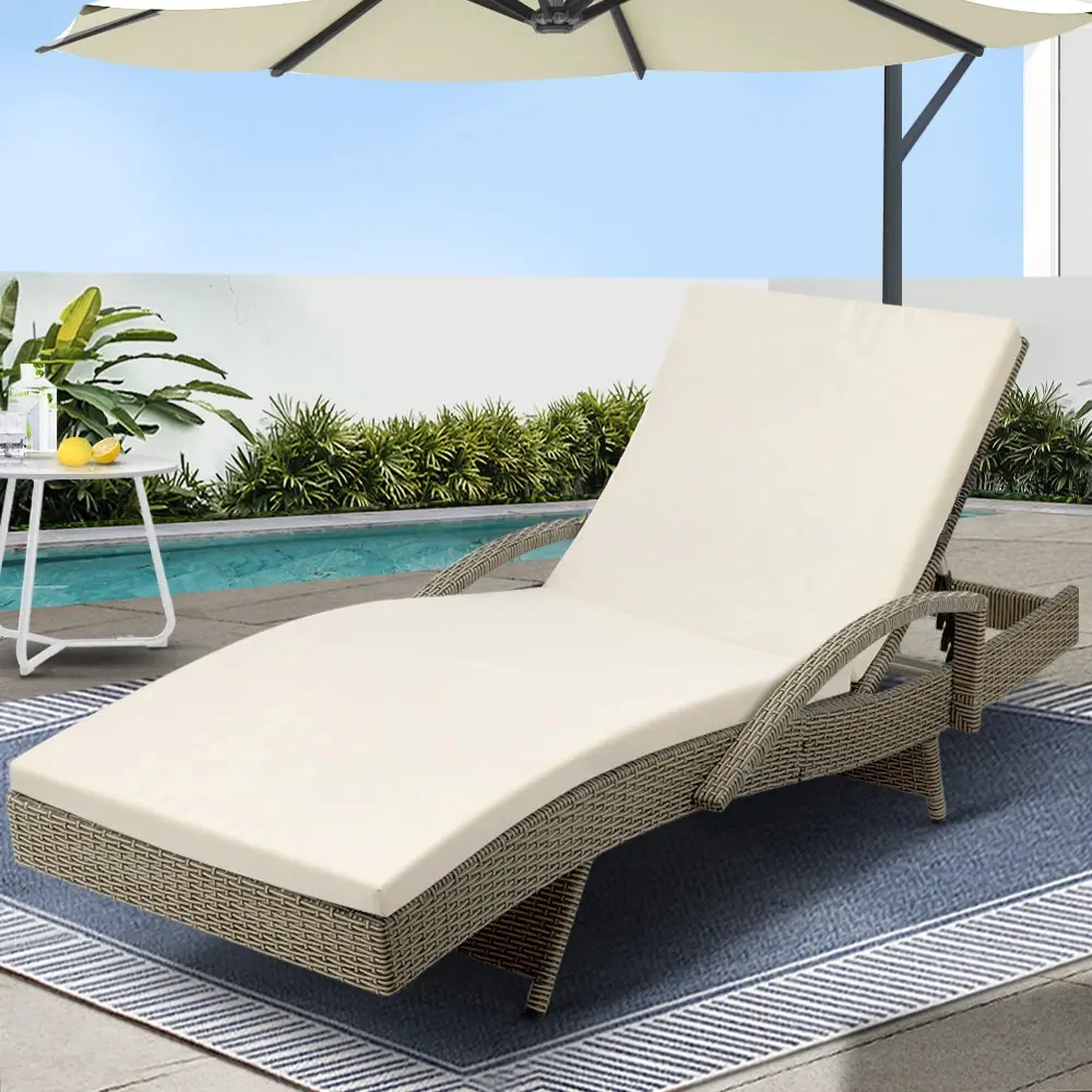 Gardeon Sun Lounge Wicker Lounger Outdoor Furniture Beach Chair Patio Adjustable Cushion Grey&Beige