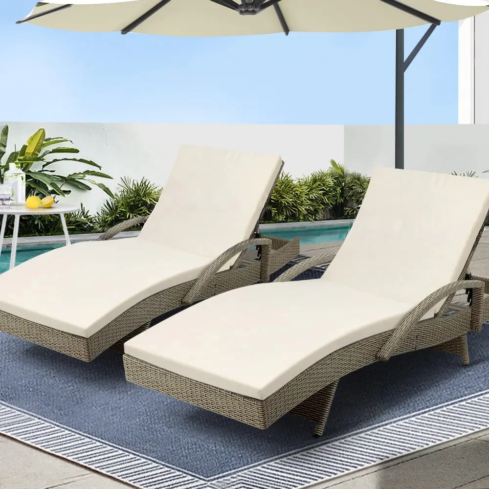 Gardeon 2PC Sun Lounge Wicker Lounger Outdoor Furniture Beach Chair Adjustable Cushion Grey&Beige - Up to 65% off Outdoor Furniture