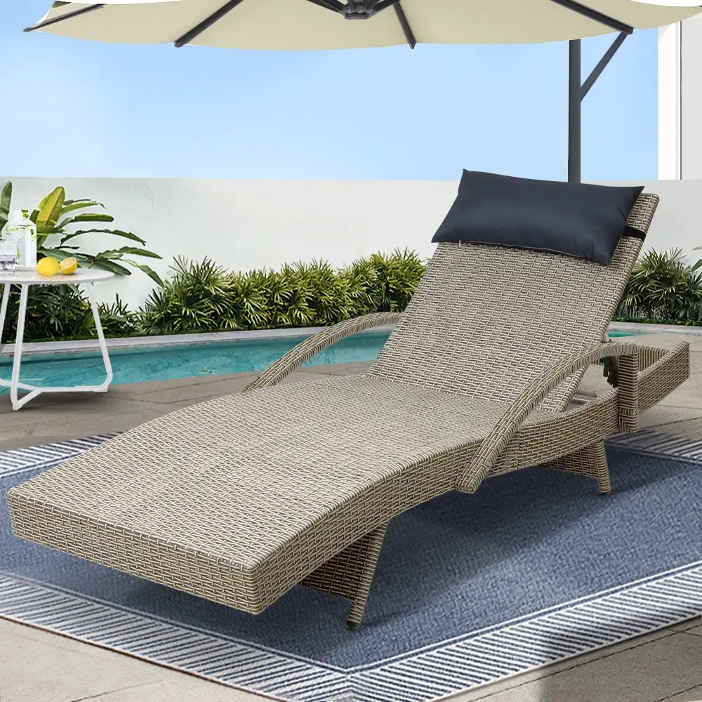 Gardeon Sun Lounge Wicker Lounger Outdoor Furniture Beach Armchair Adjustable Grey&Beige