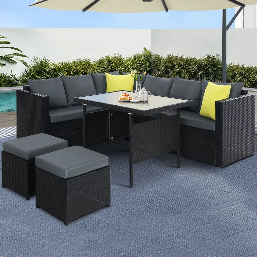 Gardeon Outdoor Dining Set Aluminum Table Chairs Wicker Setting Black - Furniture