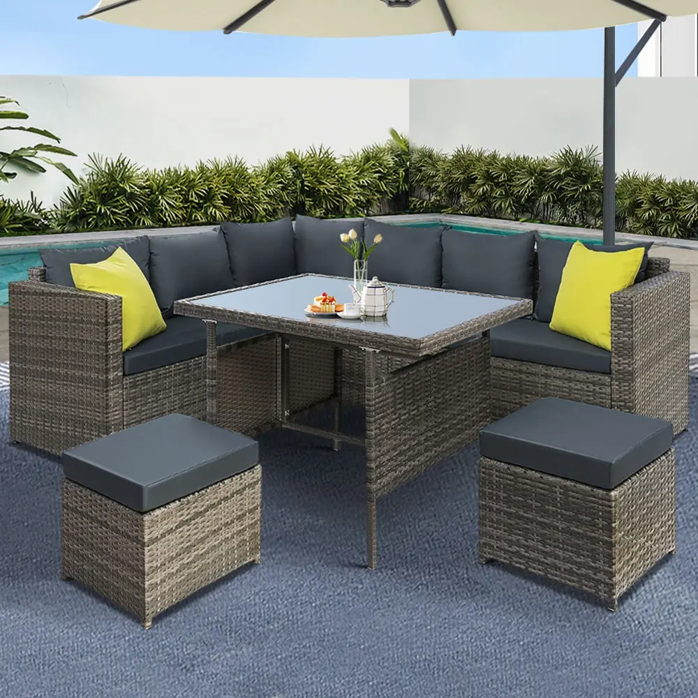 Gardeon Outdoor Dining Set Aluminum Table Chairs Wicker Setting Grey - Furniture