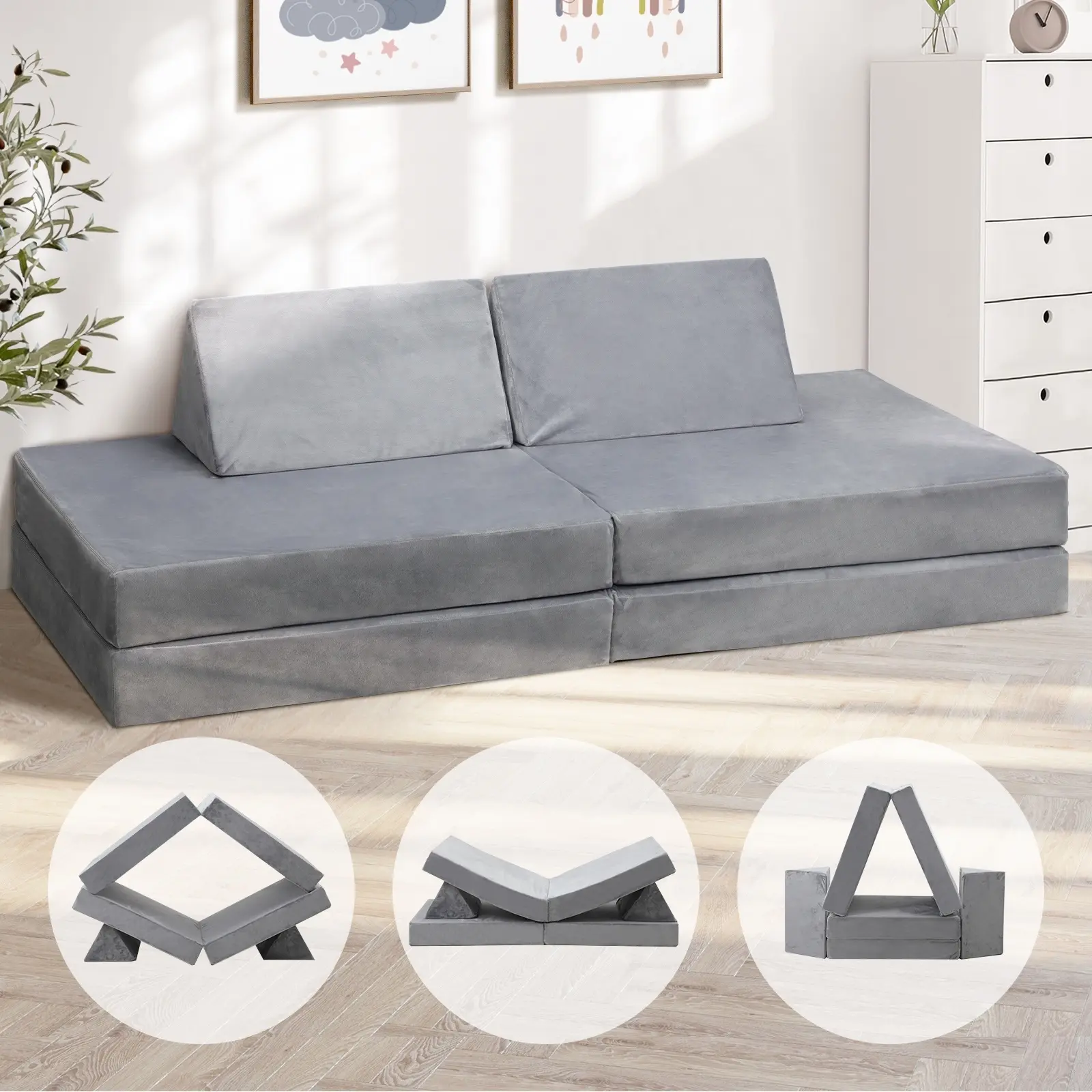 Oikiture Kids Play Couch Toddler Modular Foam Sofa Bed DIY 4PCS Set - Furniture