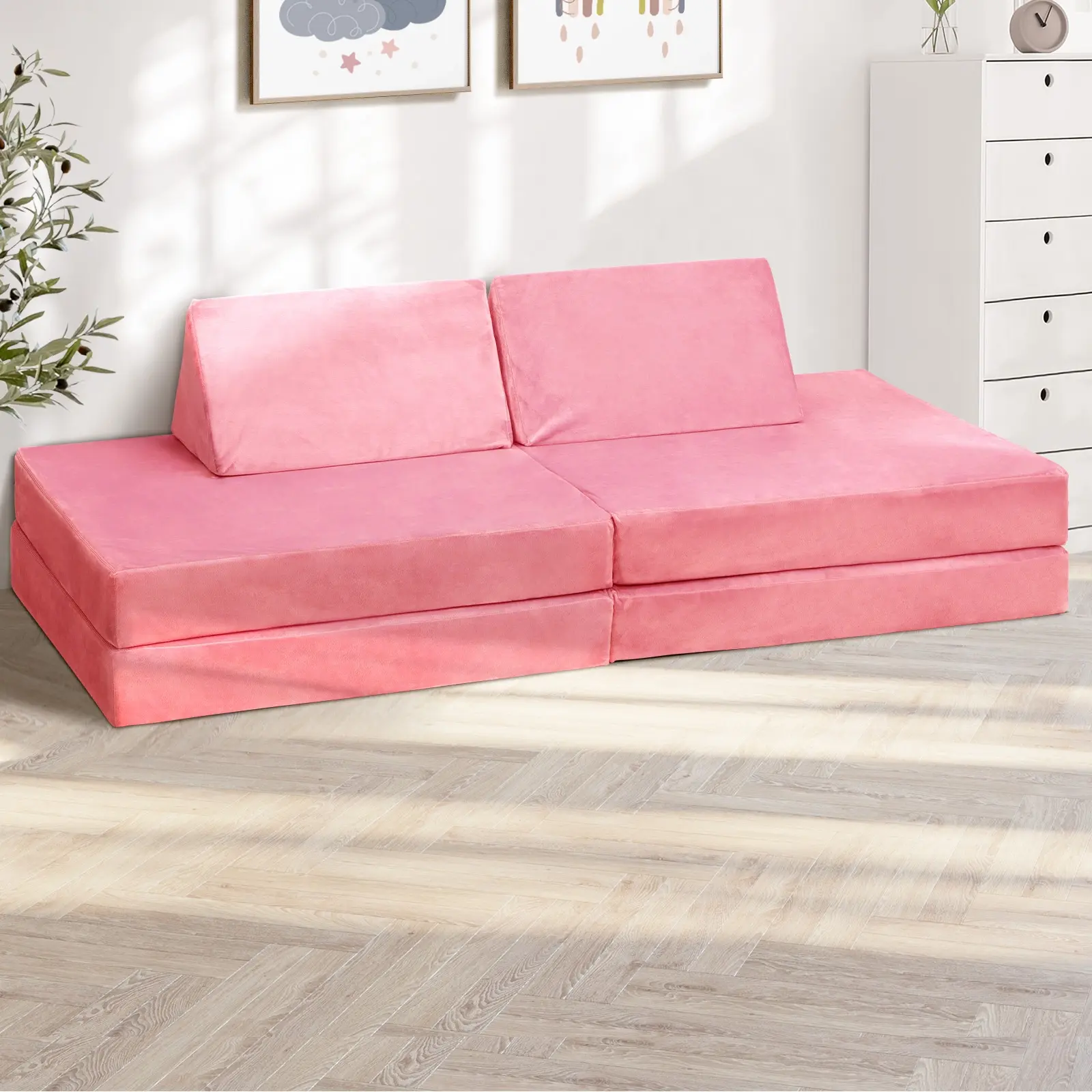 Oikiture 4Pcs Kids Play Couch Modular Lounge Cushion Convertible Playset Pink - Over 40% off Living Room Furniture